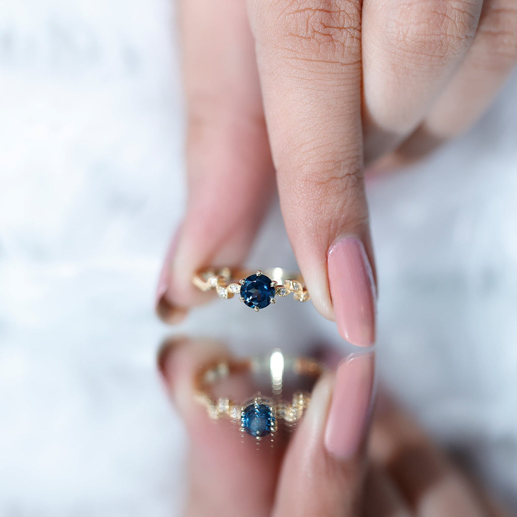 0.6 Carat Round London Blue Topaz Commitment Ring with Diamond