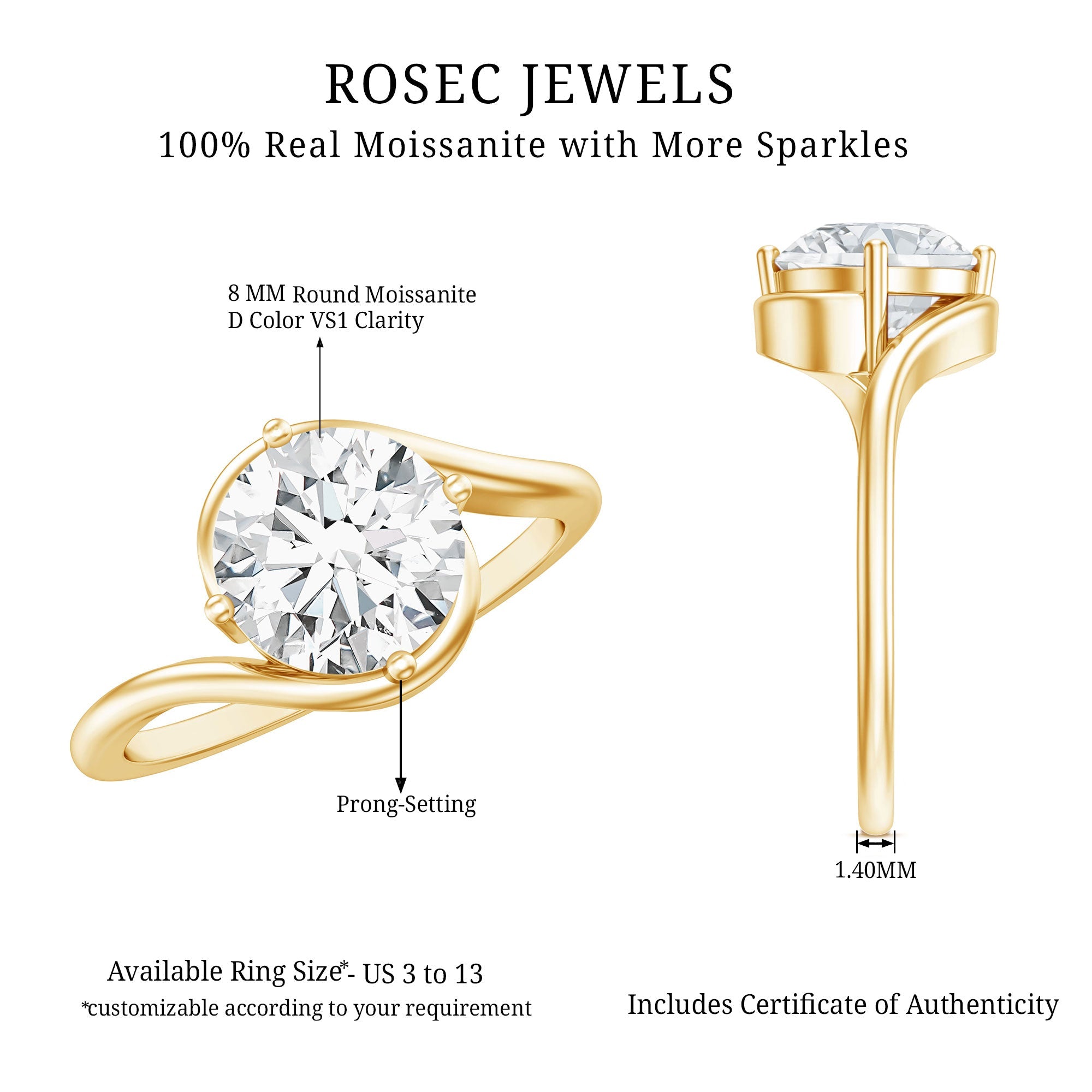 Round Cut 2 Carat Moissanite Solitaire Engagement Ring in Bypass Shank