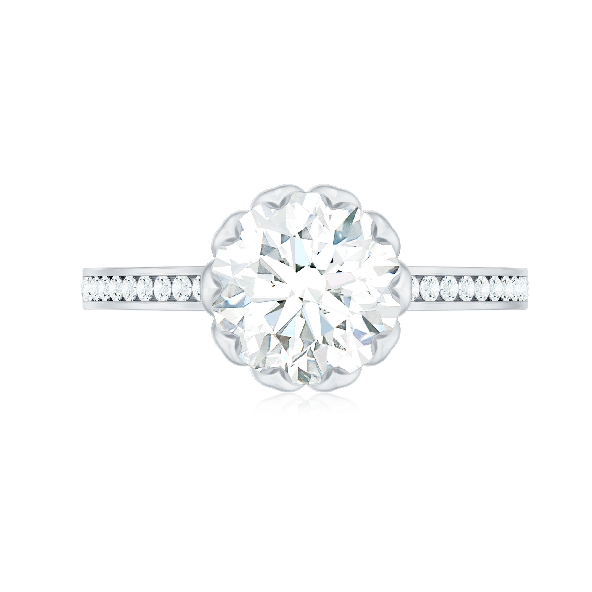 Round Moissanite Lotus Engagement Ring with Side Stones