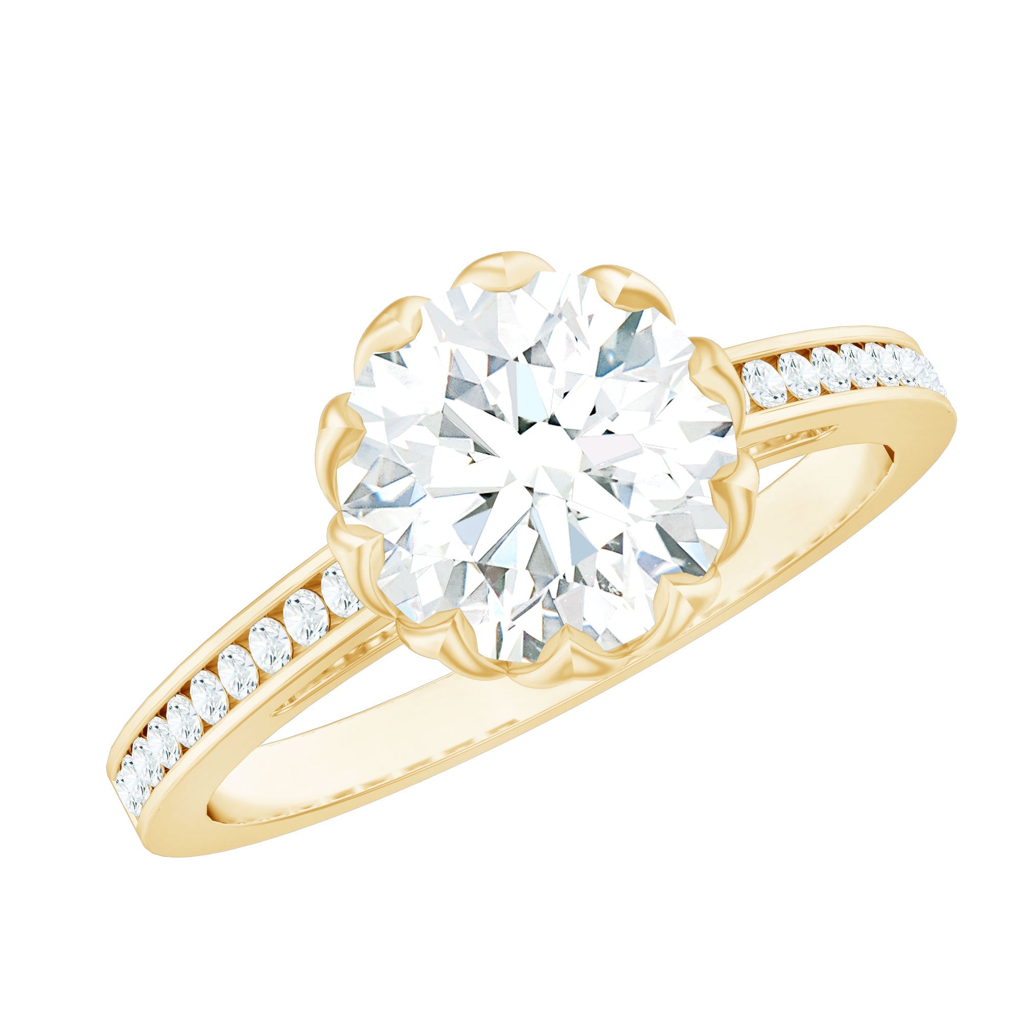 Round Moissanite Lotus Engagement Ring with Side Stones | Rings | Wiccan Center