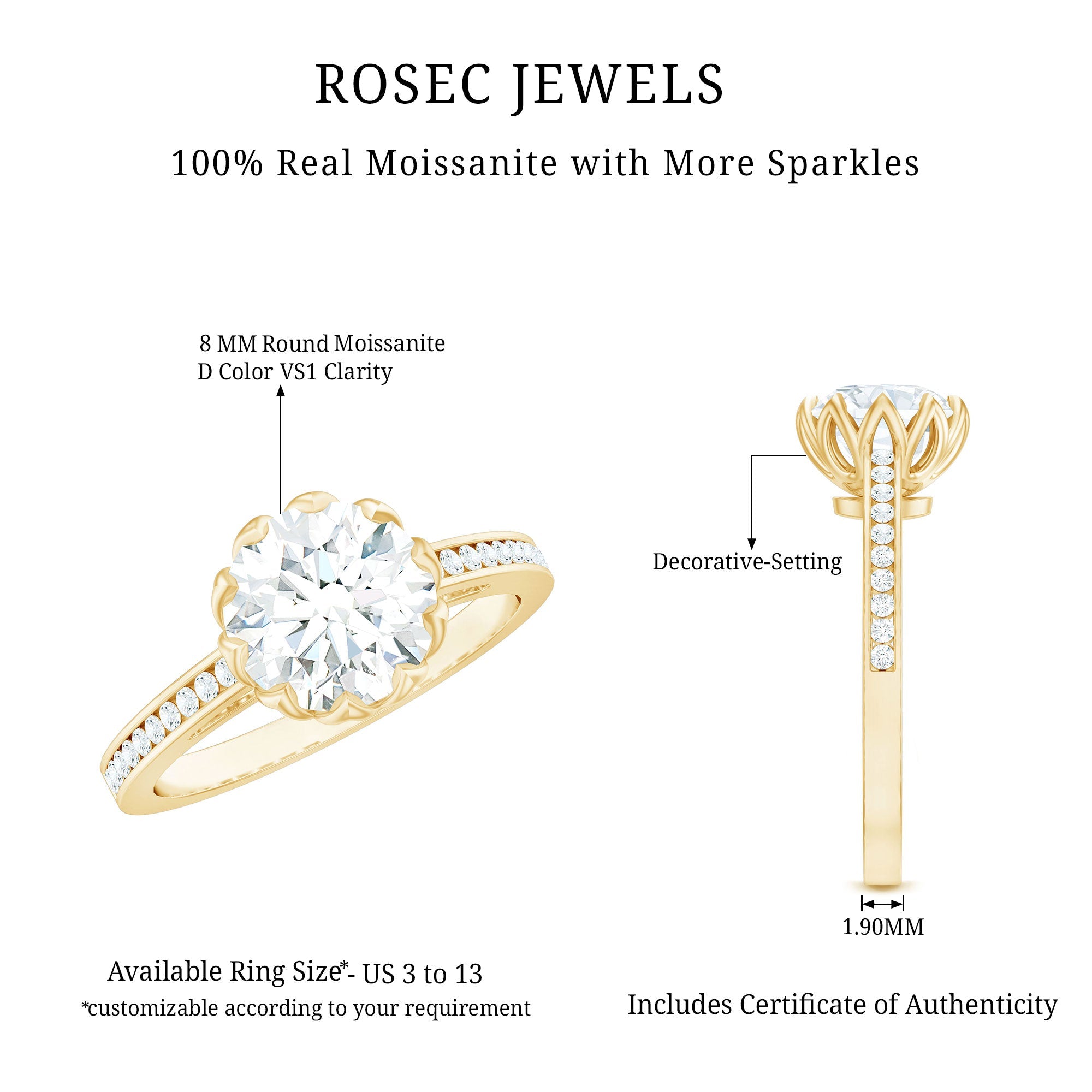 Round Moissanite Lotus Engagement Ring with Side Stones