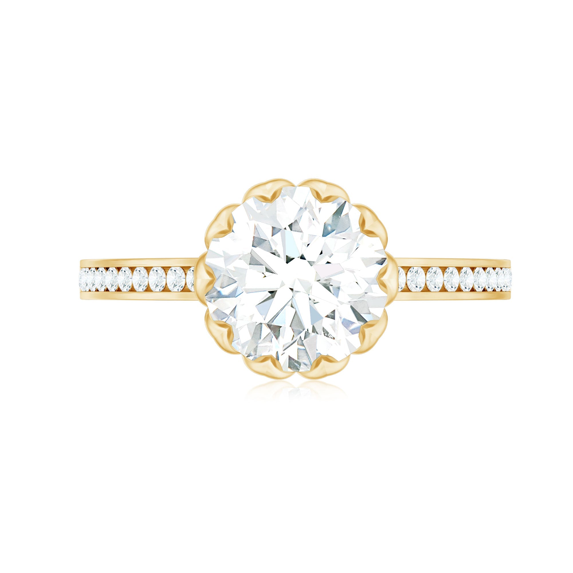 Round Moissanite Lotus Engagement Ring with Side Stones