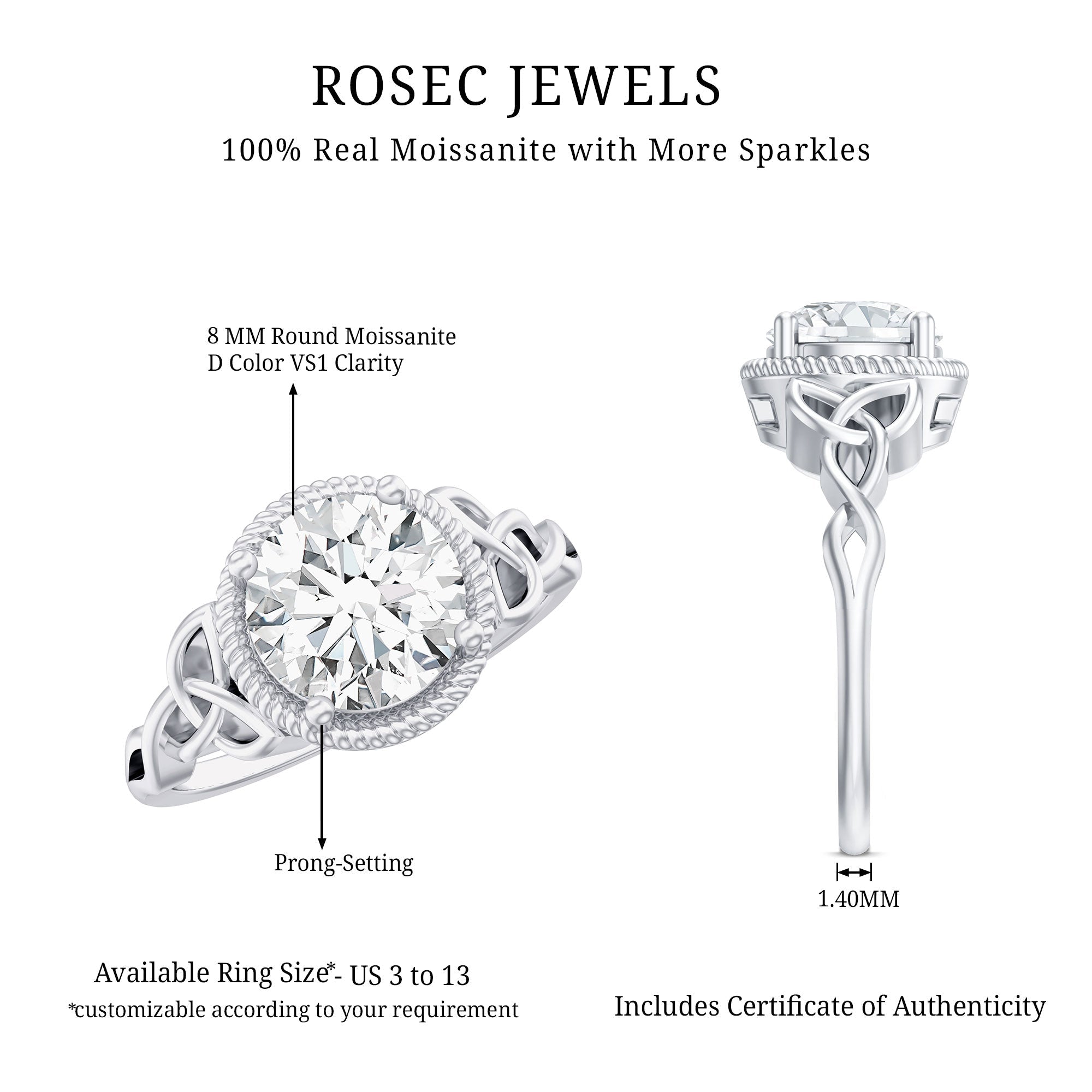 Brilliant Cut Moissanite Engagement Ring with Rope Frame