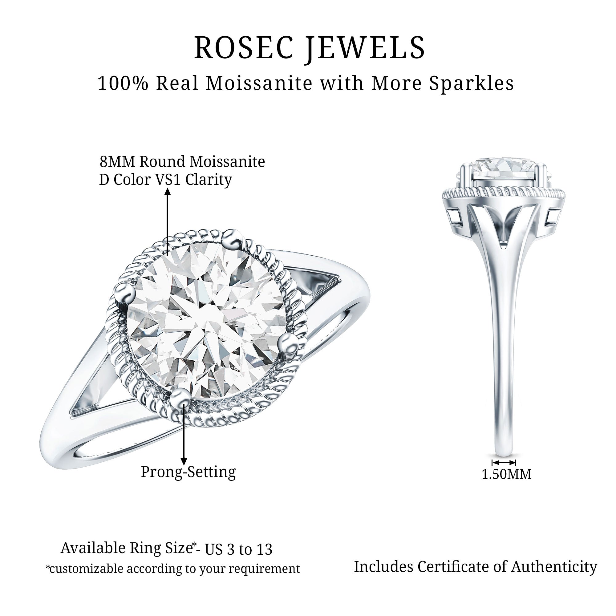 2 CT Round Moissanite Rope Band Engagement Ring