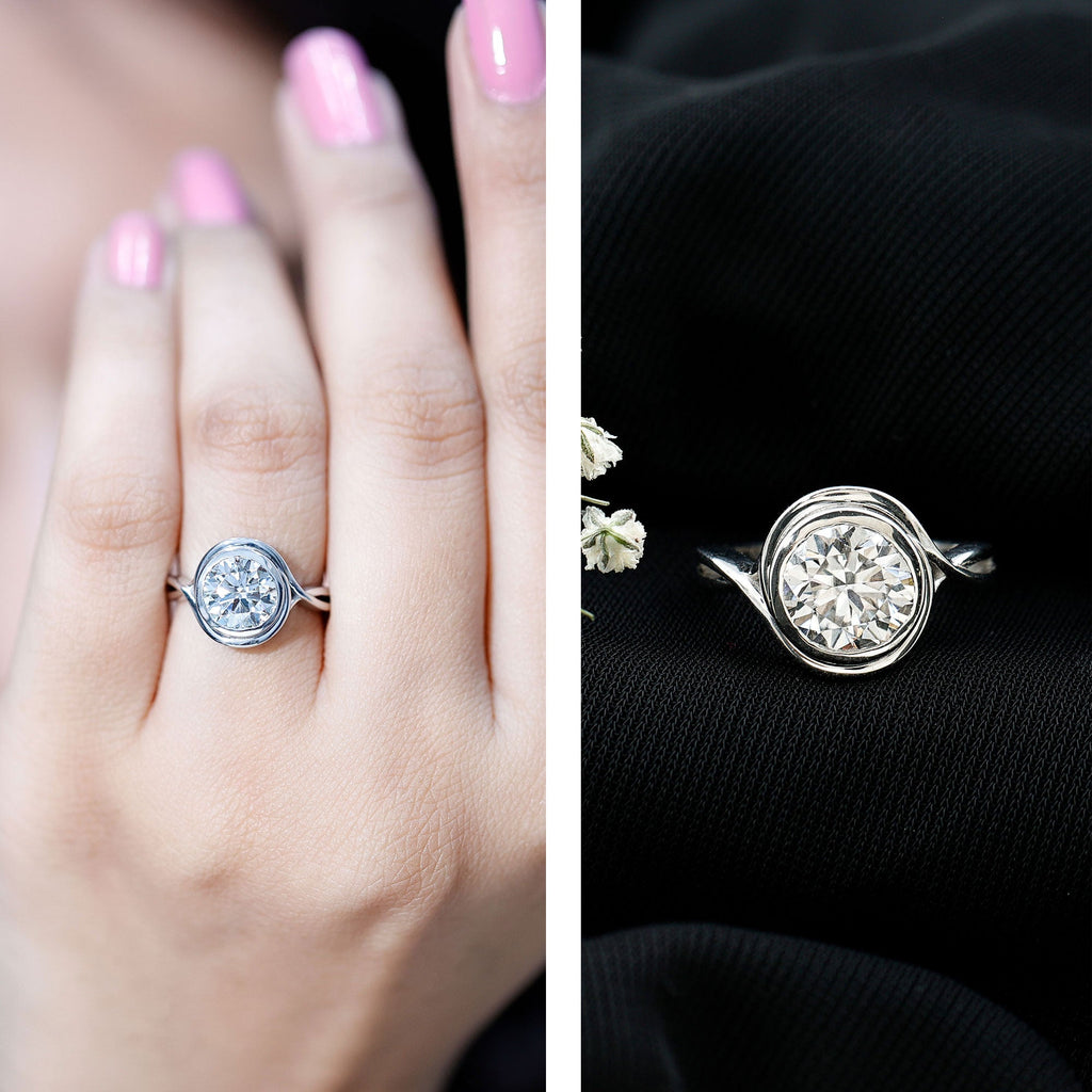 Certified Moissanite Bezel Set Engagement Ring with Crossover Shank