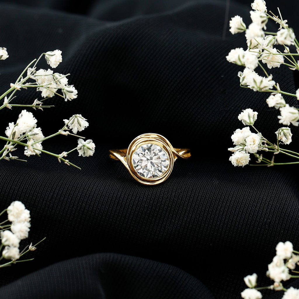 Certified Moissanite Bezel Set Engagement Ring with Crossover Shank