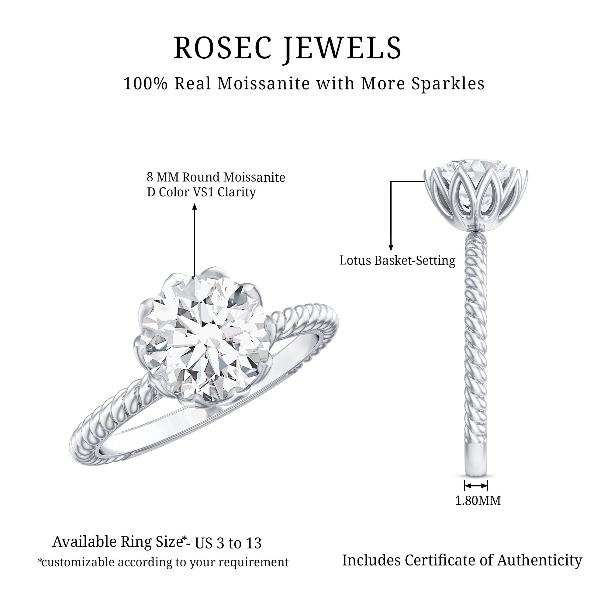 2 CT Moissanite Engagement Ring with Twisted Rope Band