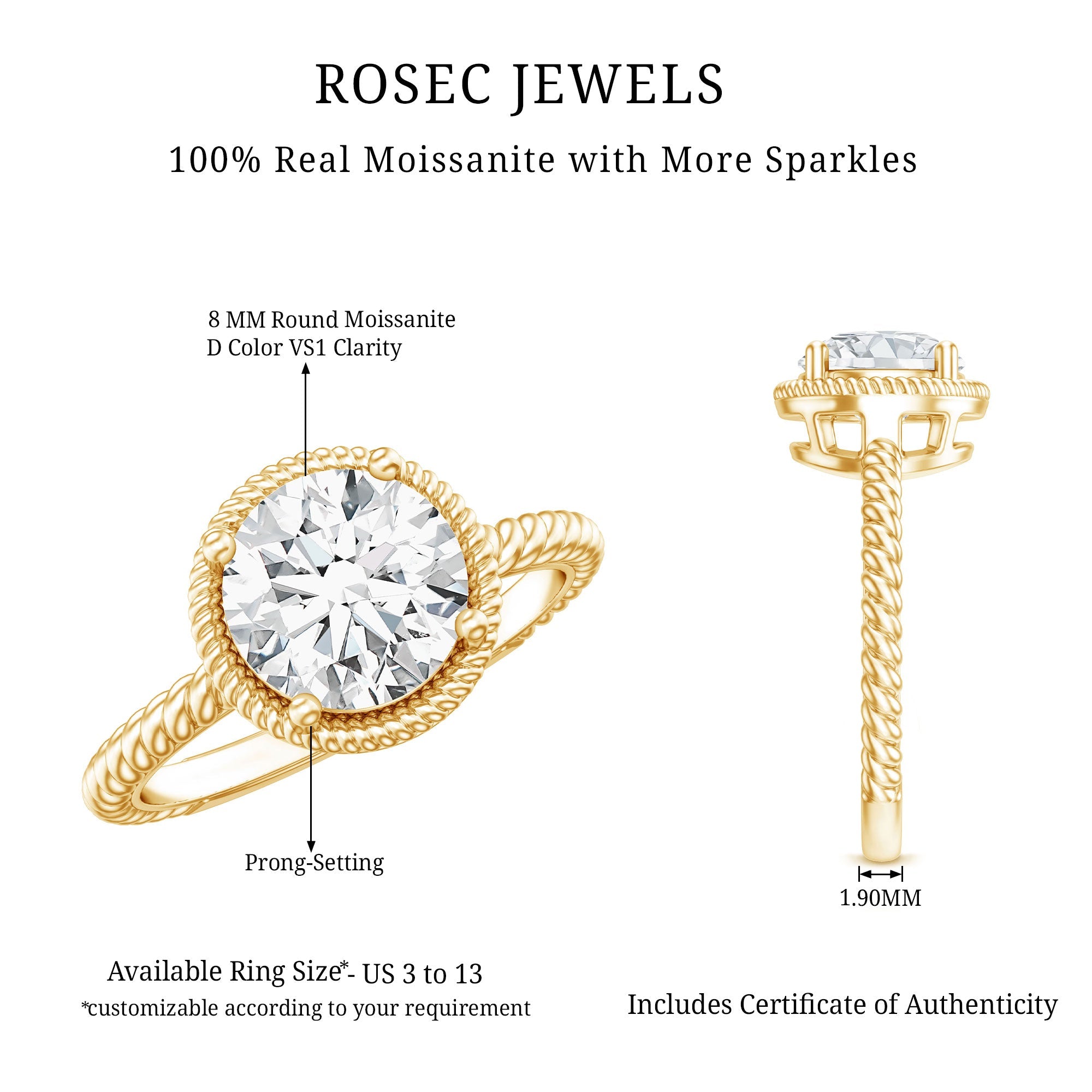 Brilliant Cut 2 Carat Moissanite Rope Band Engagement Ring