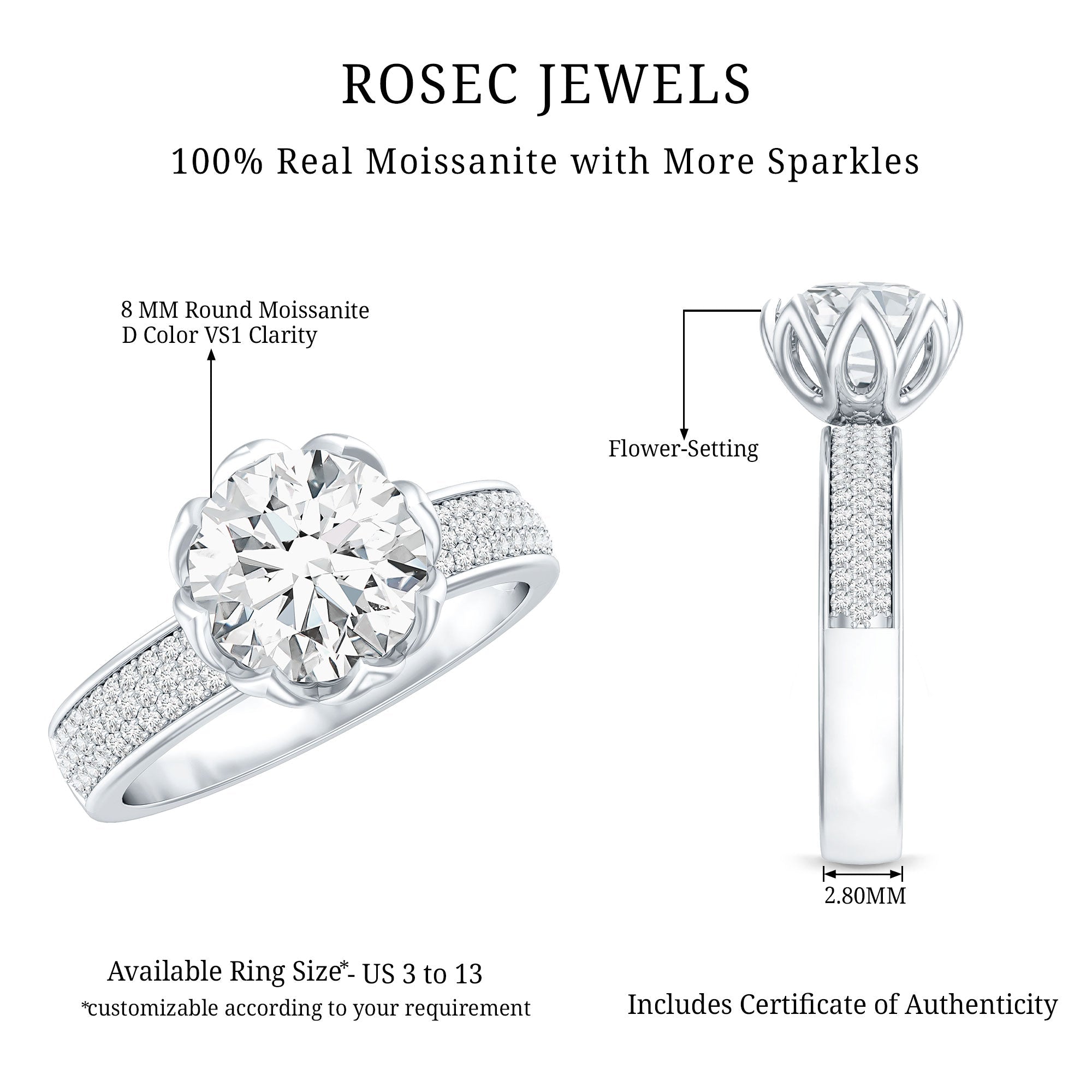 Lotus Basket Set Moissanite Engagement Ring with Side Stones
