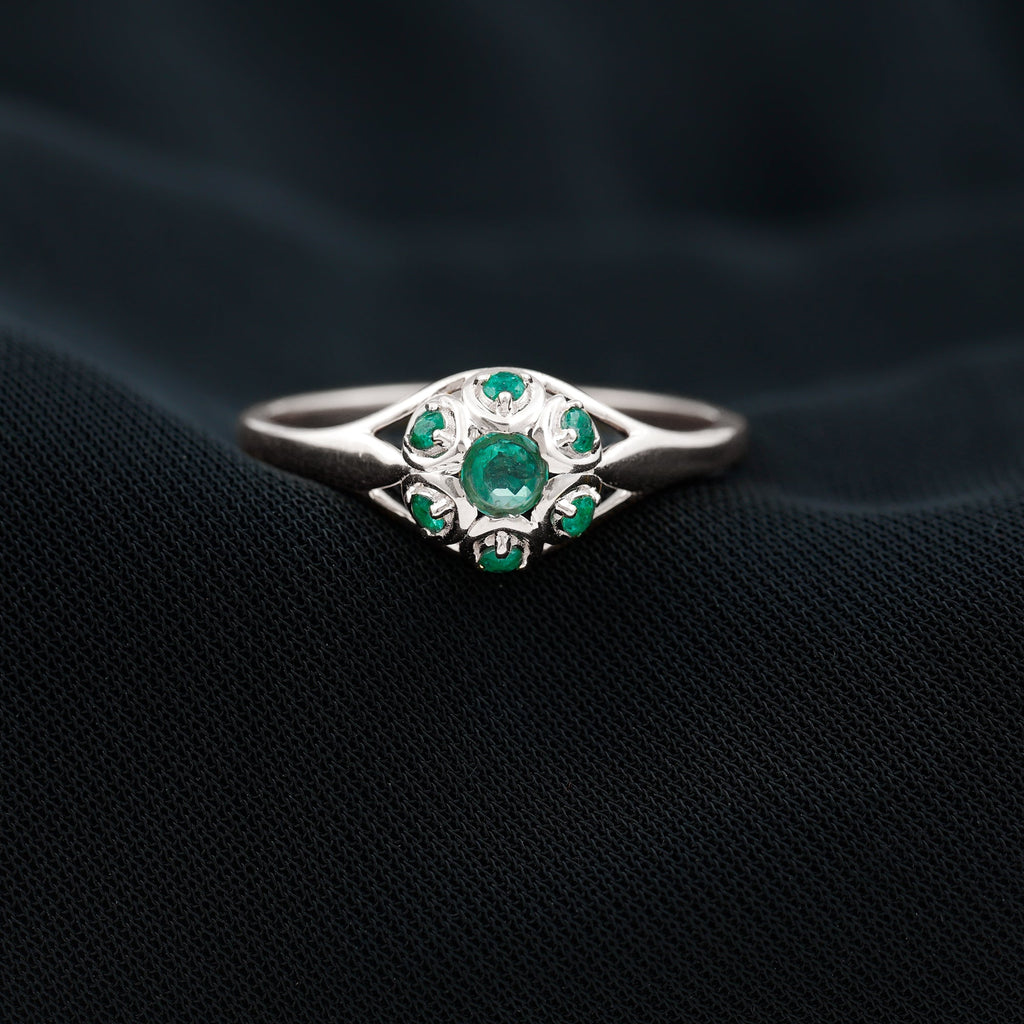 Vintage Inspired Emerald Flower Engagement Ring