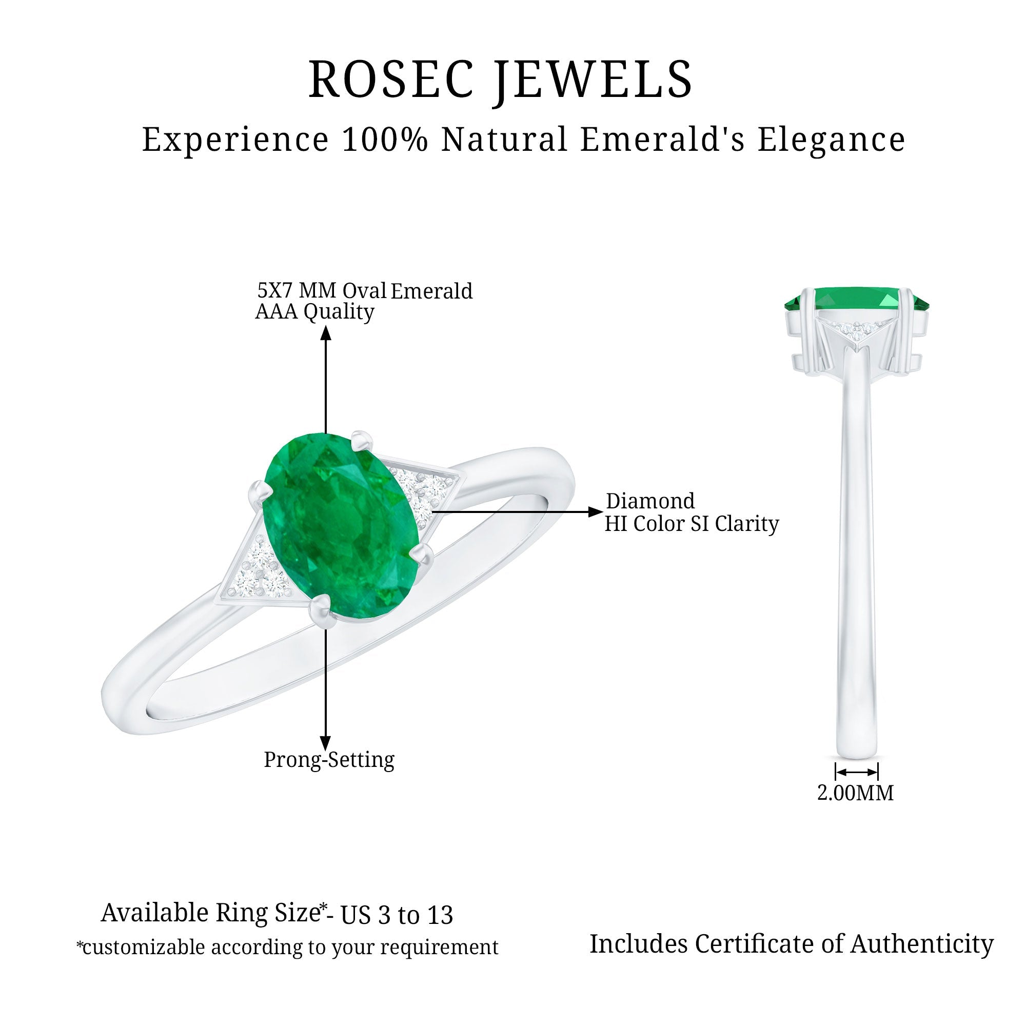 Solitaire Oval Emerald Engagement Ring with Diamonds