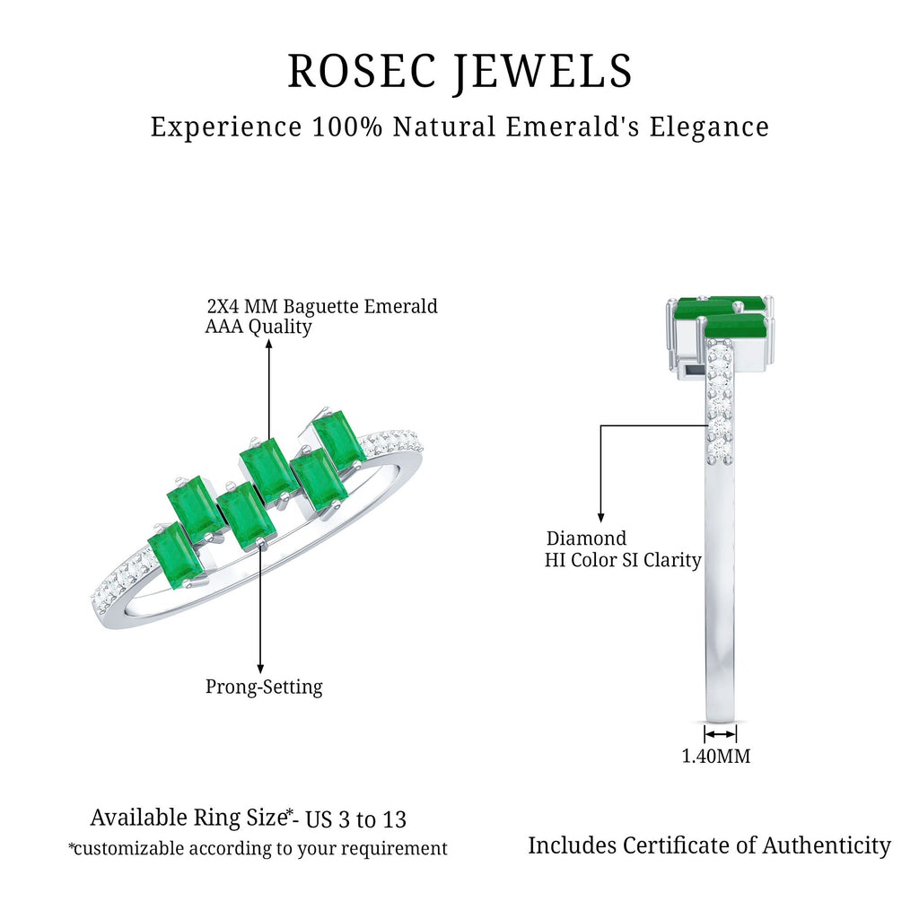 Baguette Cut Emerald Promise Ring with Diamond Side Stones