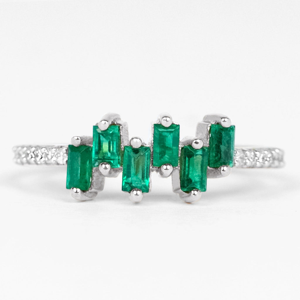 Baguette Cut Emerald Promise Ring with Diamond Side Stones