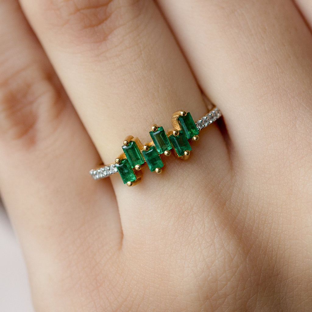 Baguette Cut Emerald Promise Ring with Diamond Side Stones
