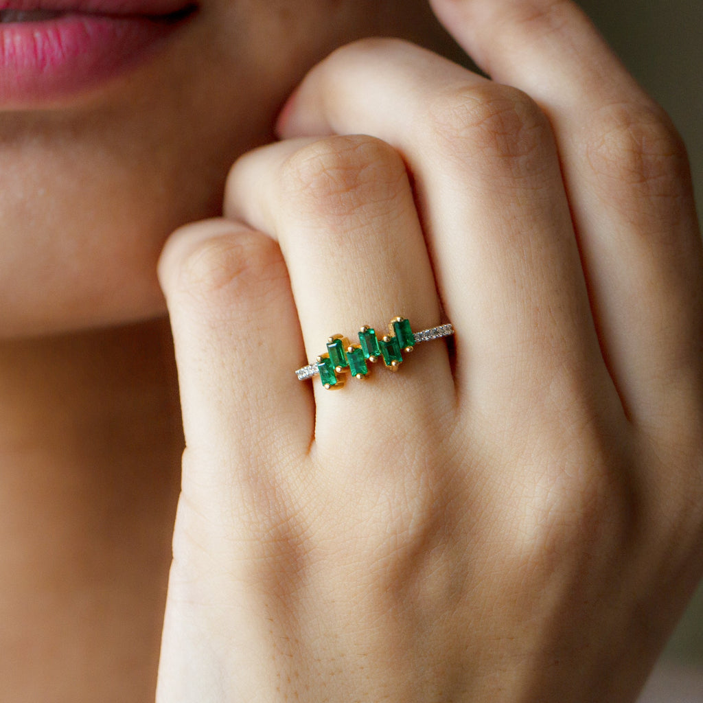 Baguette Cut Emerald Promise Ring with Diamond Side Stones