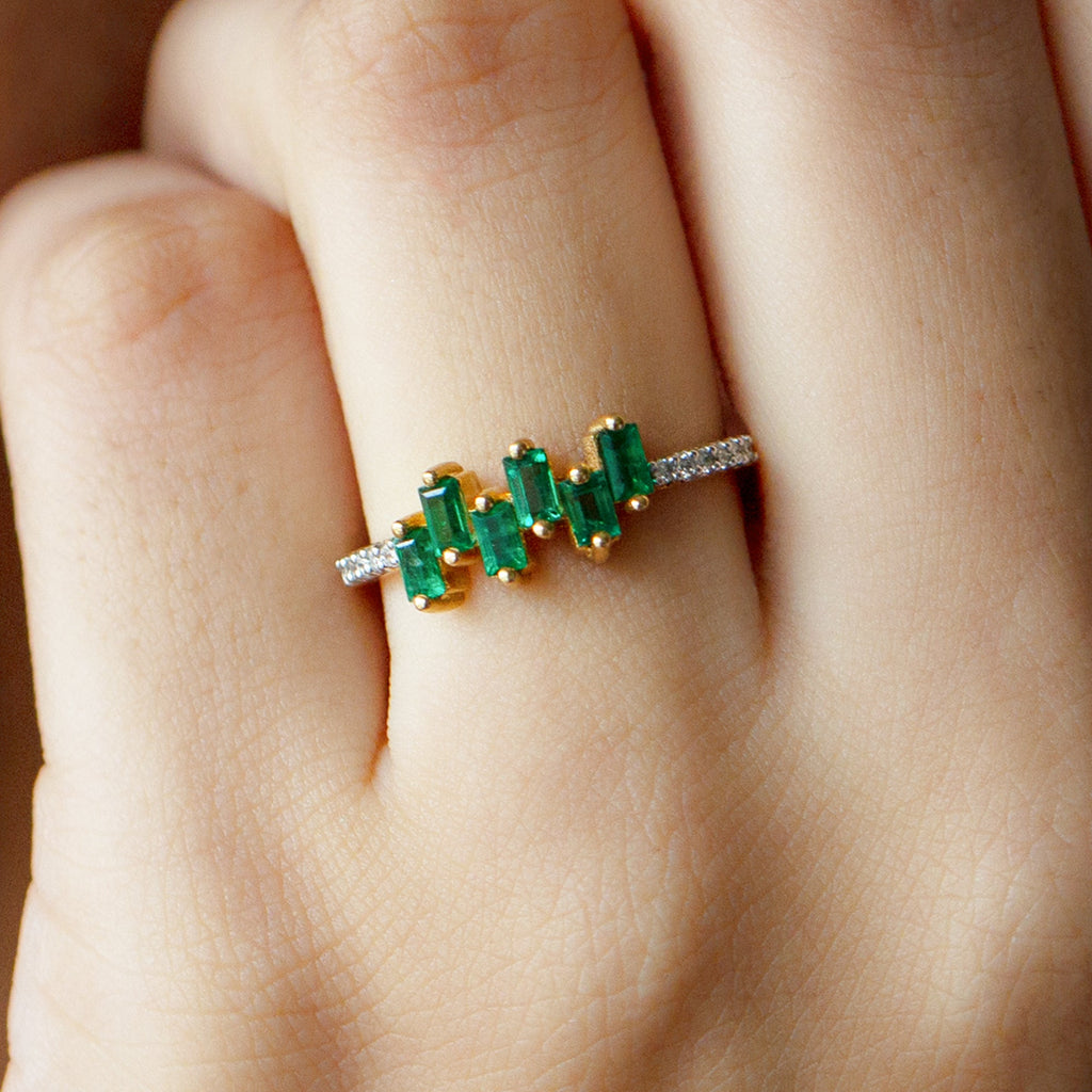 Baguette Cut Emerald Promise Ring with Diamond Side Stones