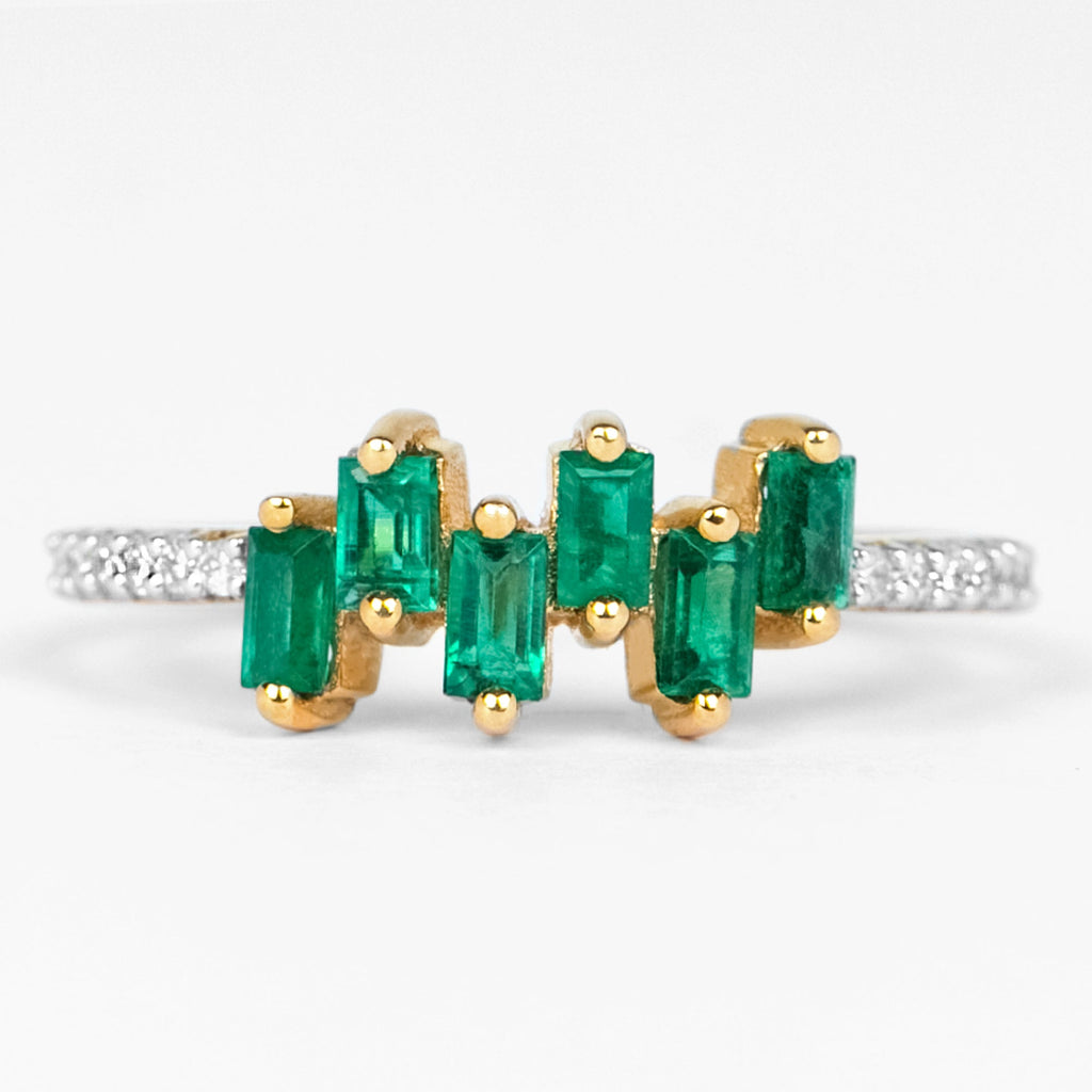 Baguette Cut Emerald Promise Ring with Diamond Side Stones