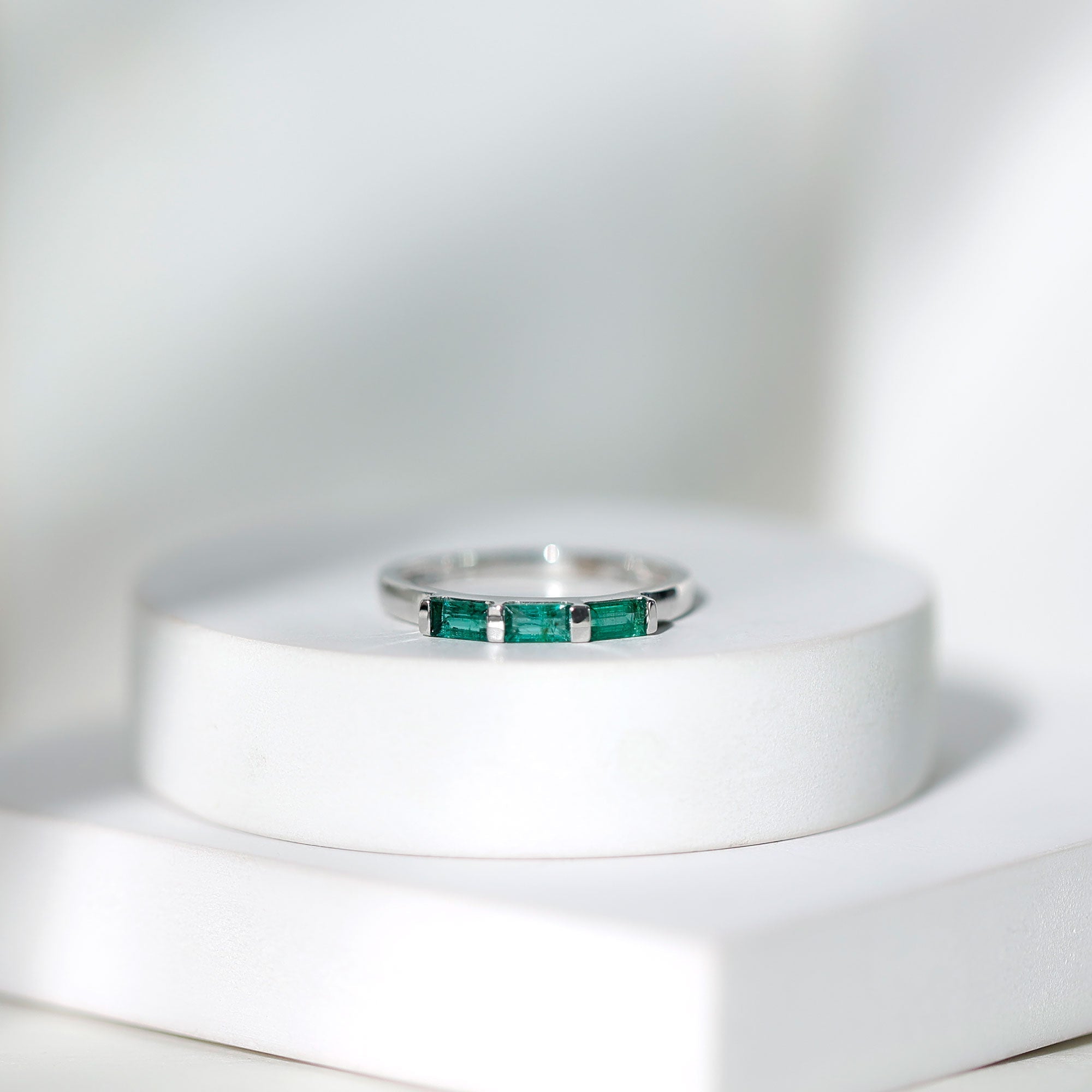 Baguette Cut Real Emerald 3 Stone Ring with Certificate