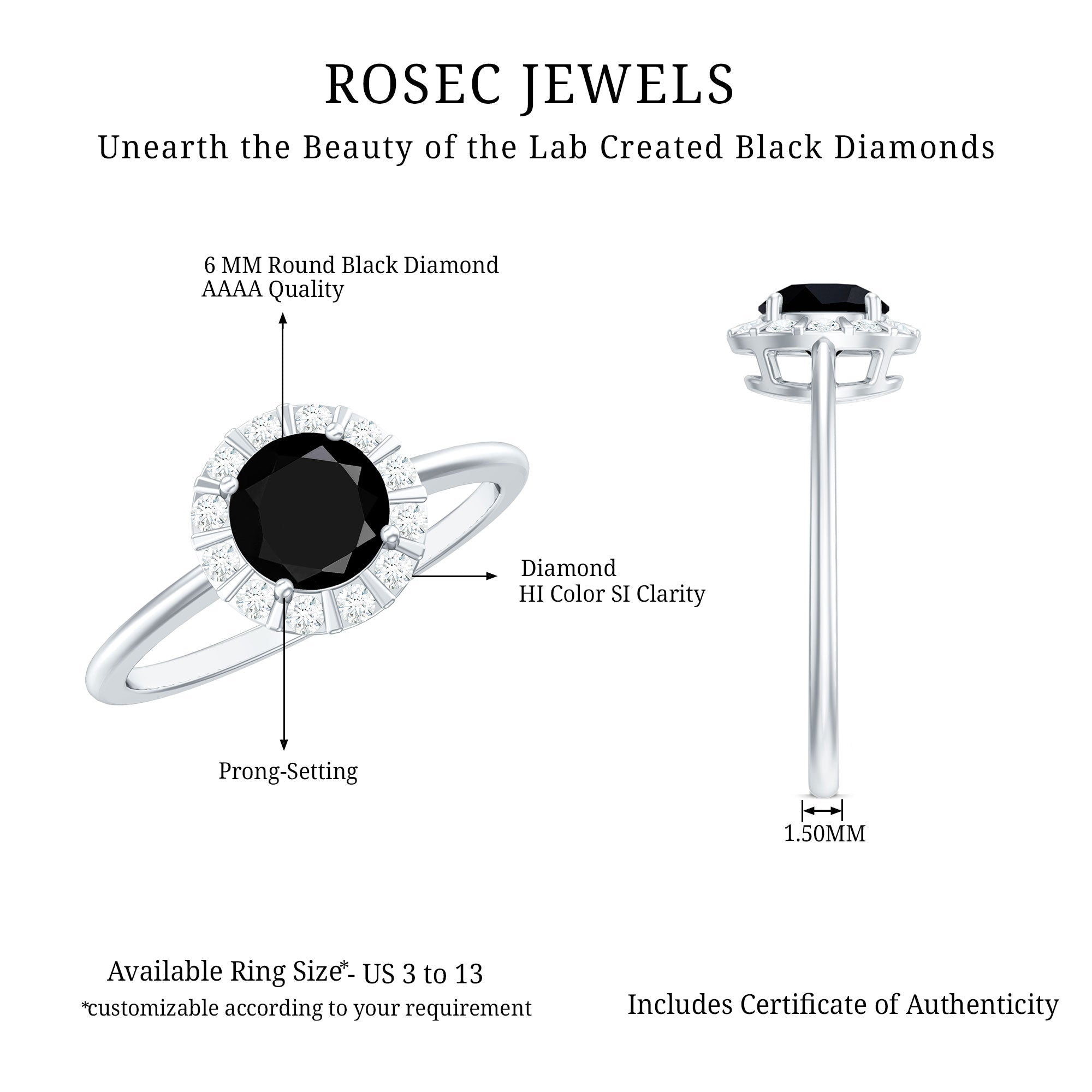 1.3 Carat Lab Created Black and White Diamond Halo Engagement Ring