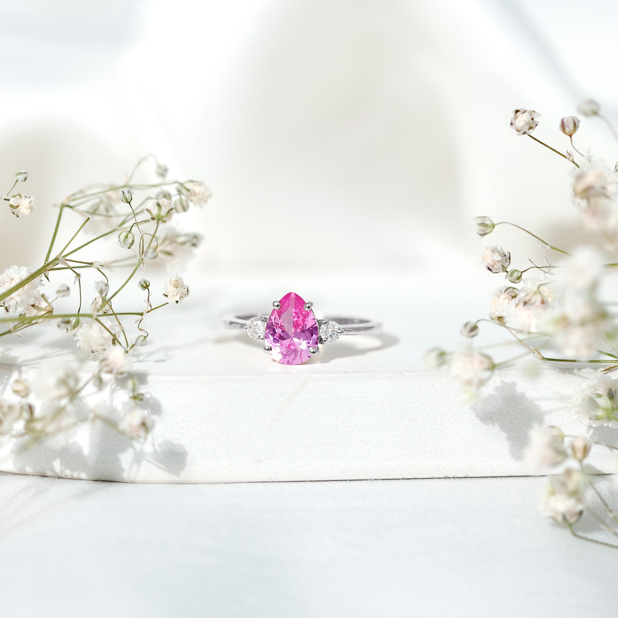 1 CT Lab Grown Pink Sapphire Teardrop Engagement Ring with Diamond
