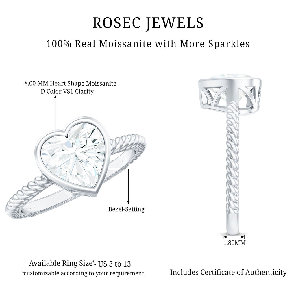 Bezel Set Moissanite Heart Engagement Ring with Twisted Rope Band