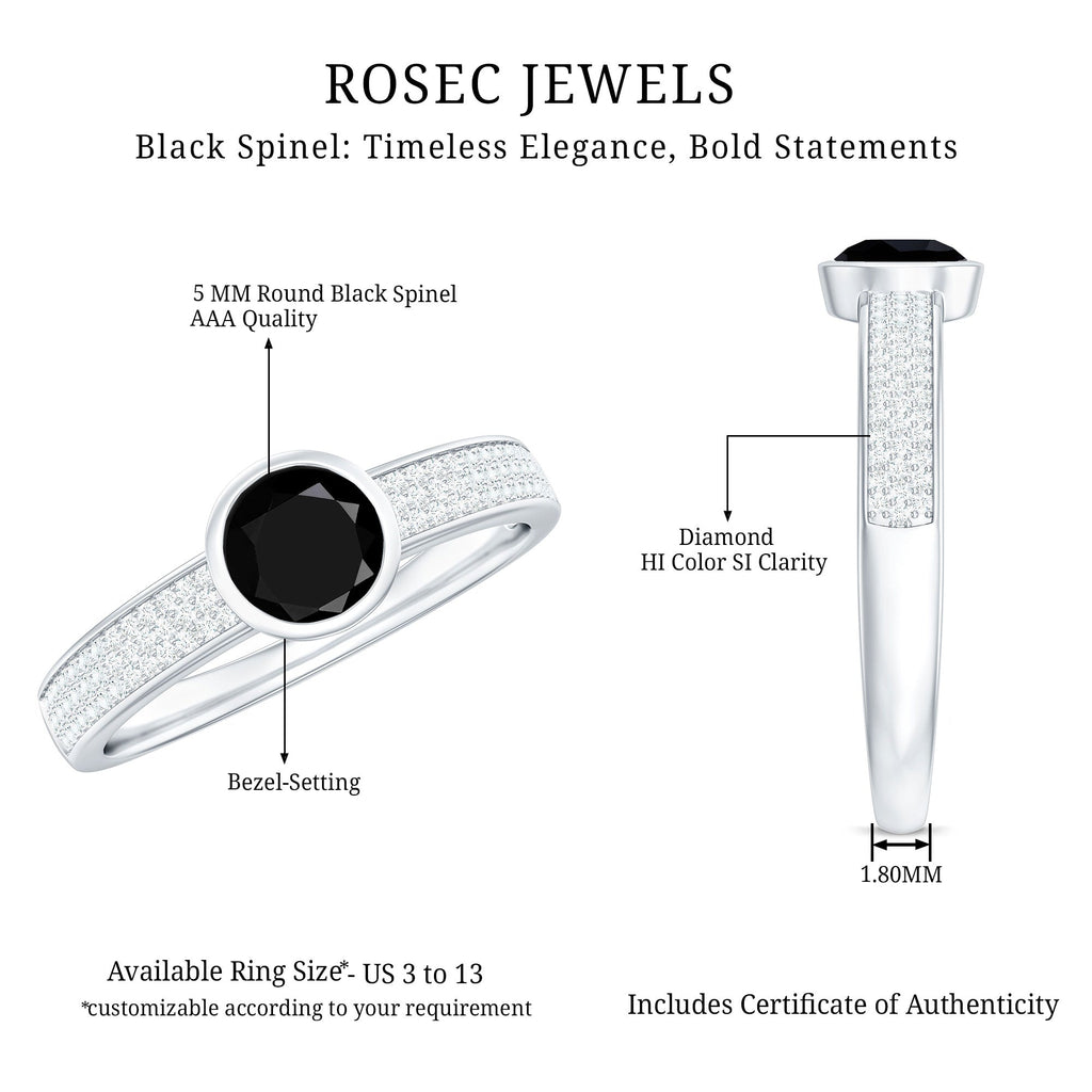 Natural Black Spinel Bezel Set Engagement Ring with Diamond Side Stones