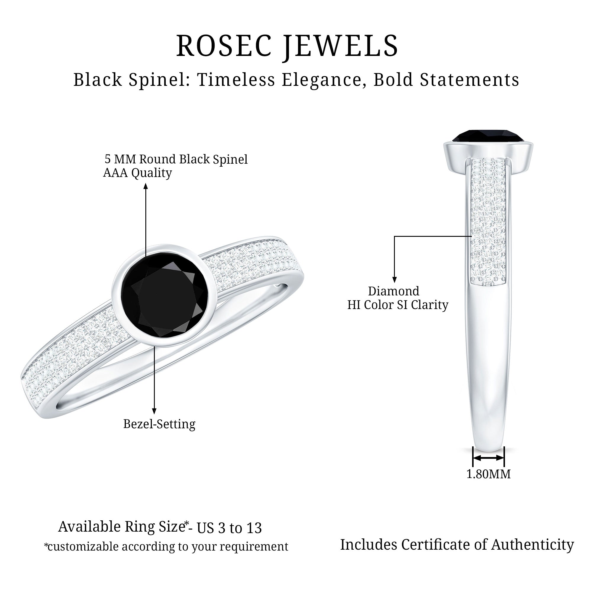 Natural Black Spinel Bezel Set Engagement Ring with Diamond Side Stones