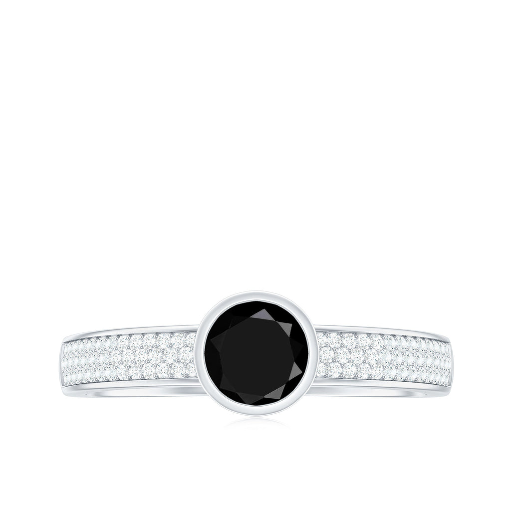 Natural Black Spinel Bezel Set Engagement Ring with Diamond Side Stones