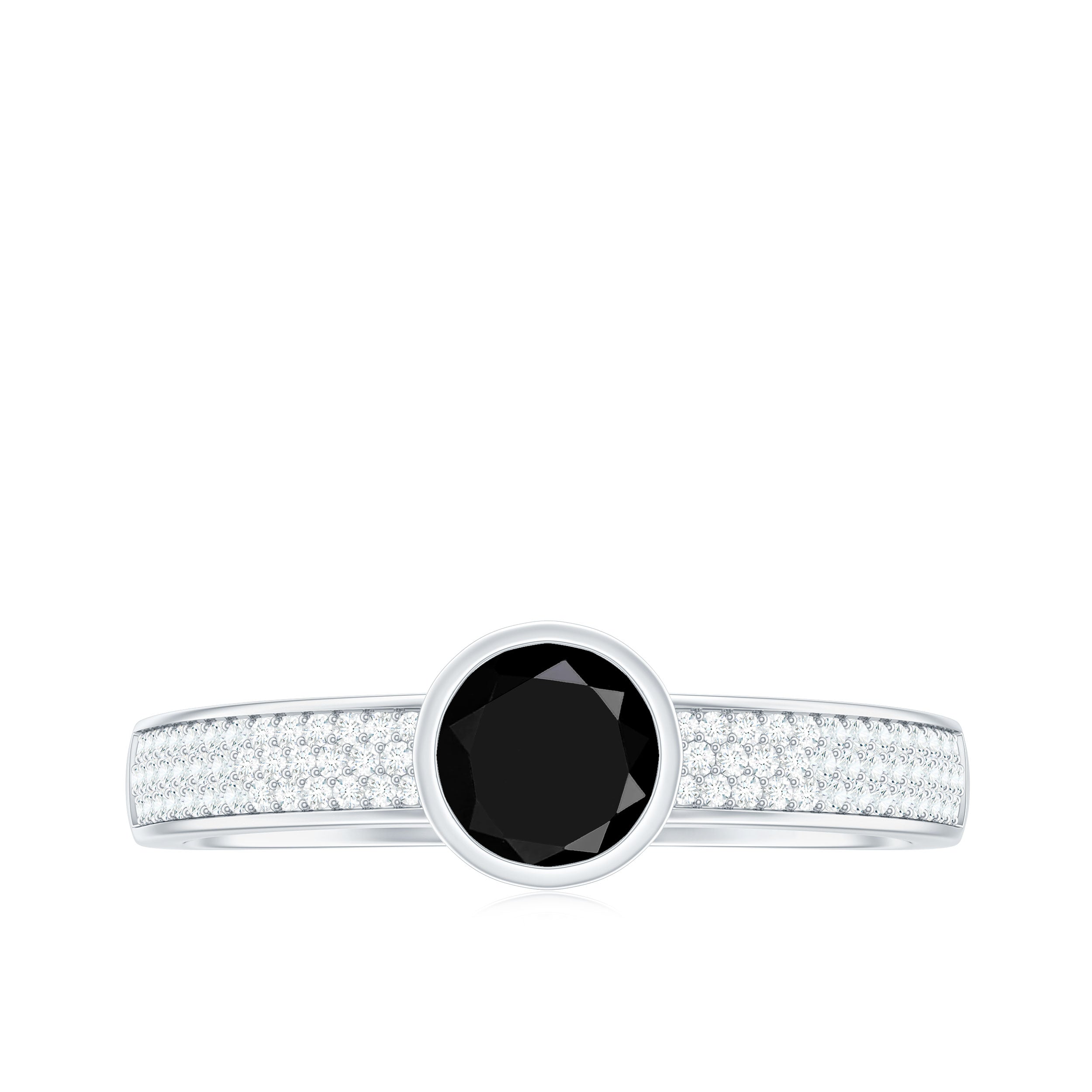 Natural Black Spinel Bezel Set Engagement Ring with Diamond Side Stones