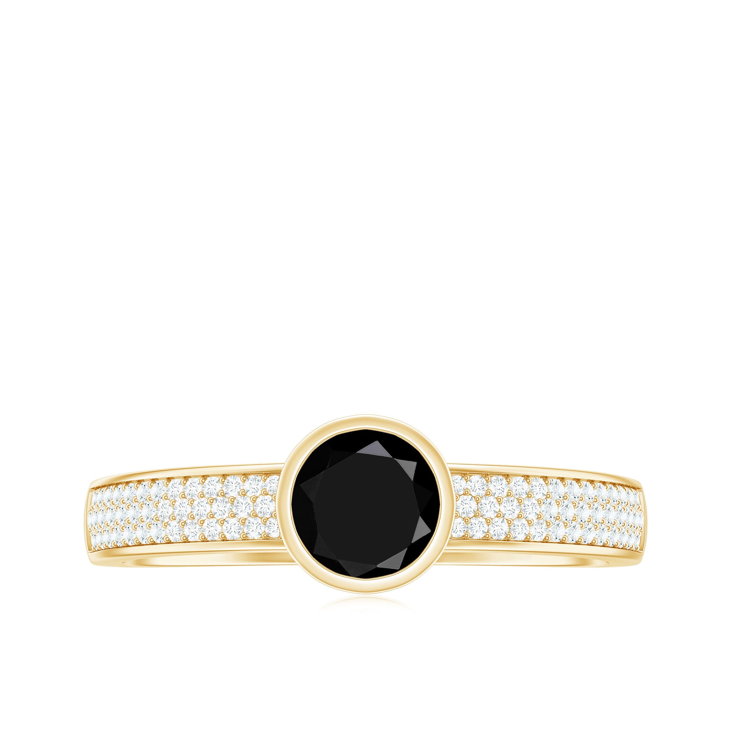 Natural Black Spinel Bezel Set Engagement Ring with Diamond Side Stones