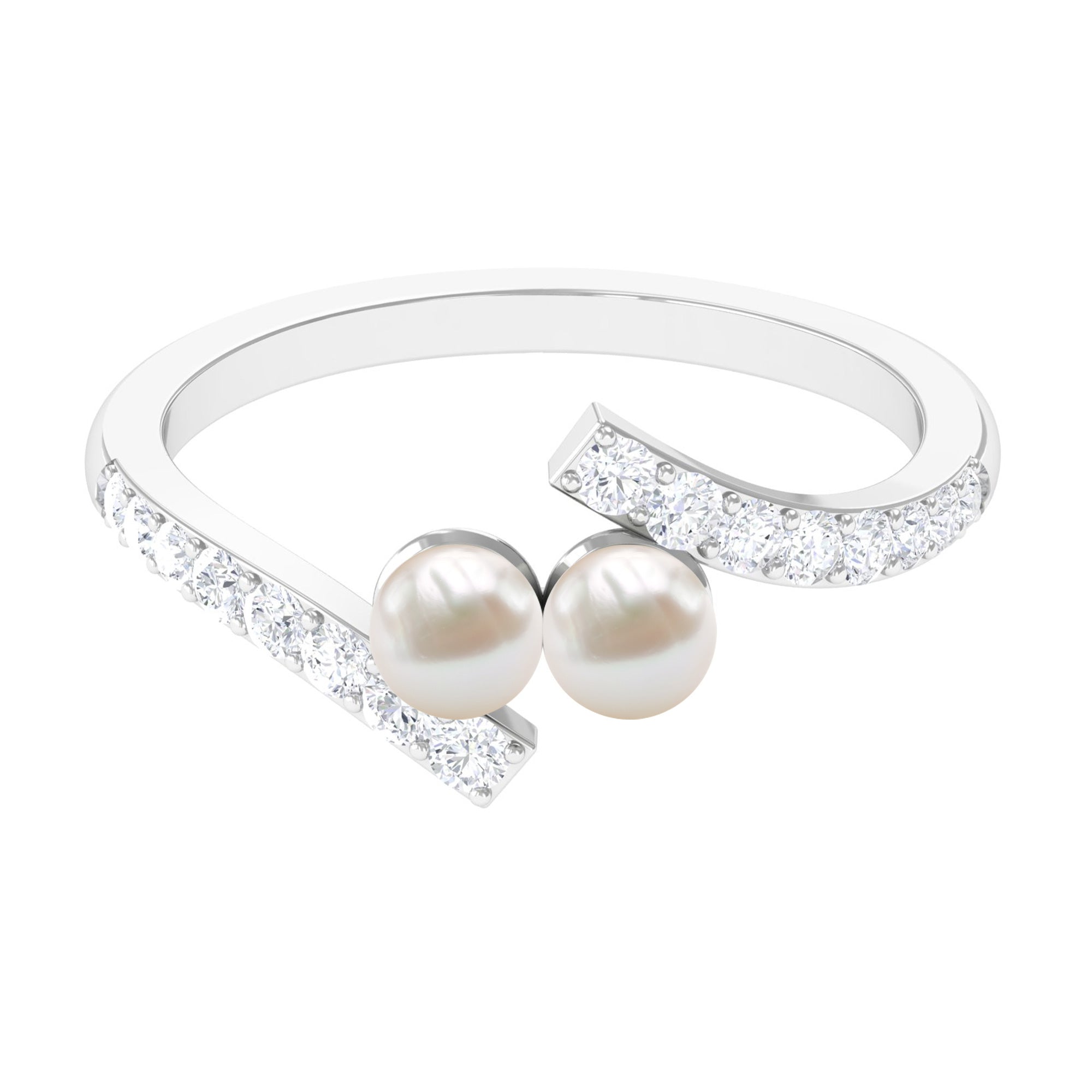 Freshwater Pearl 2 Stone Engagement Ring Diamond Bypass Shank