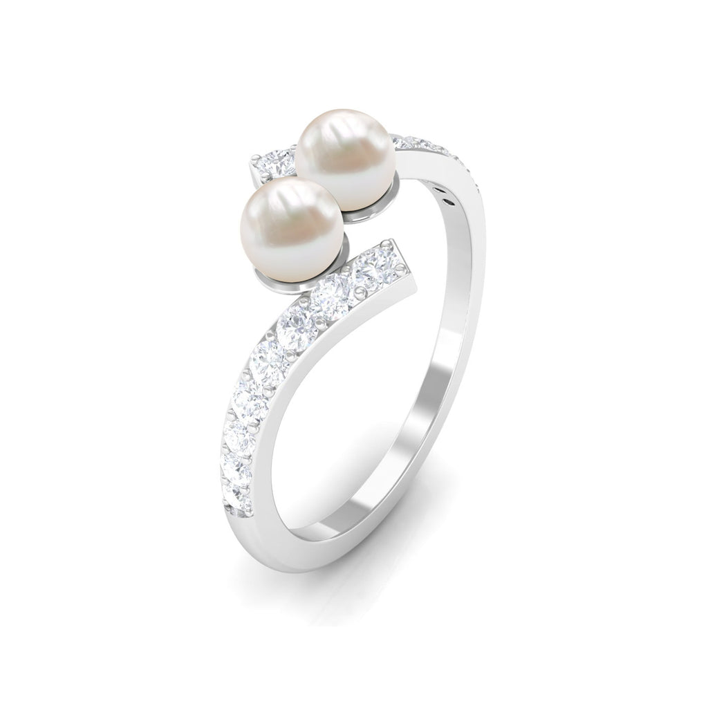 Freshwater Pearl 2 Stone Engagement Ring Diamond Bypass Shank