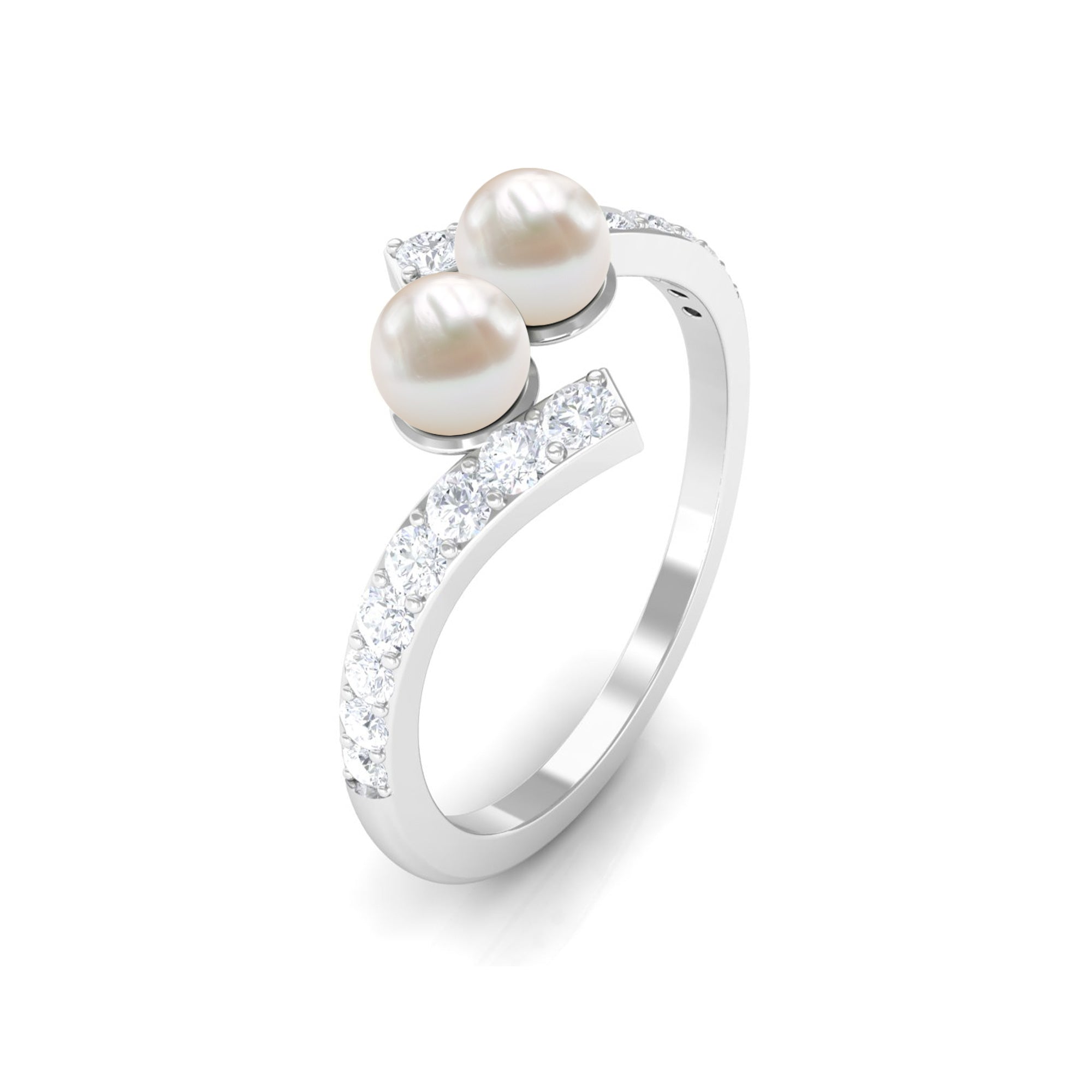 Freshwater Pearl 2 Stone Engagement Ring Diamond Bypass Shank