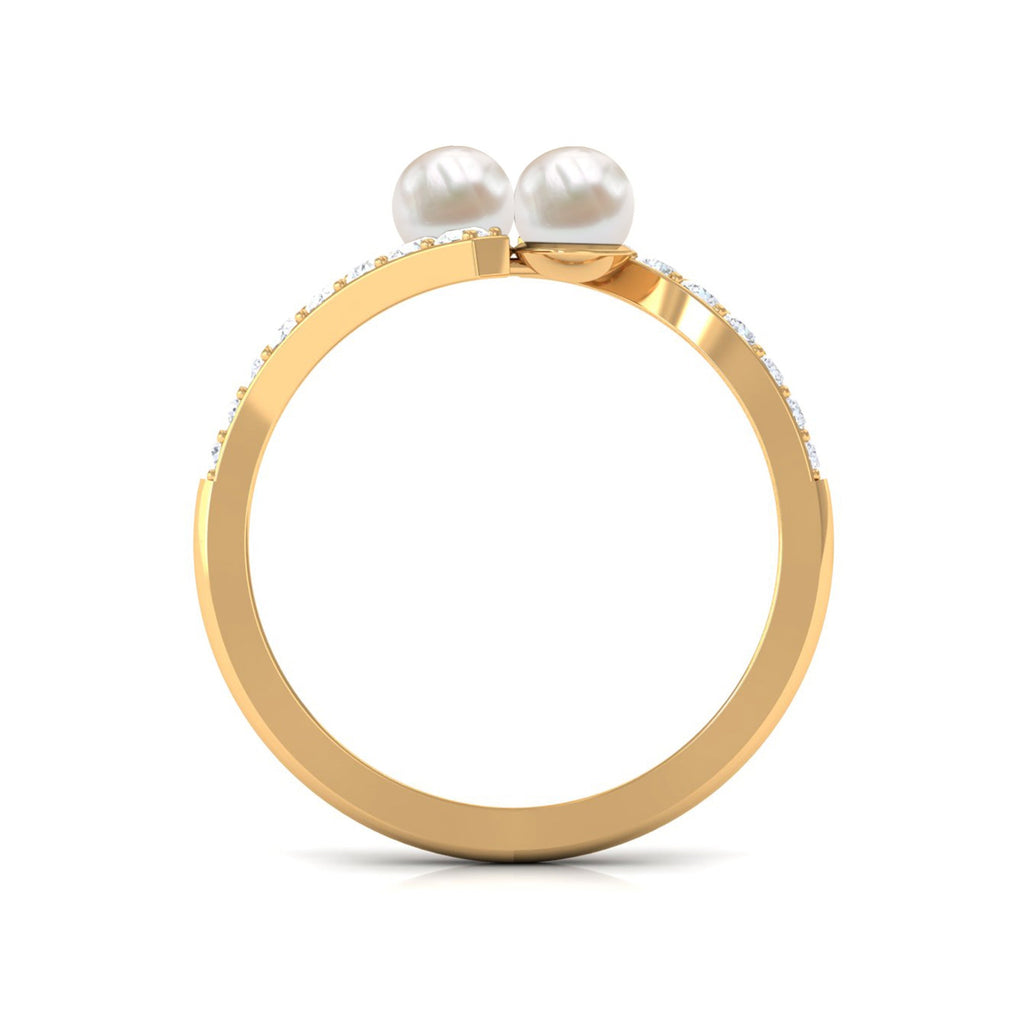 Freshwater Pearl 2 Stone Engagement Ring Diamond Bypass Shank