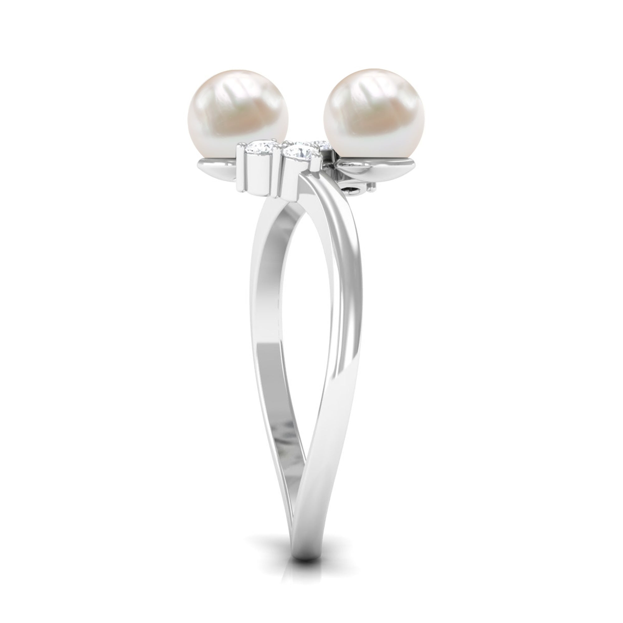 Real Freshwater Pearl 2 Stone Engagement Ring with Diamond