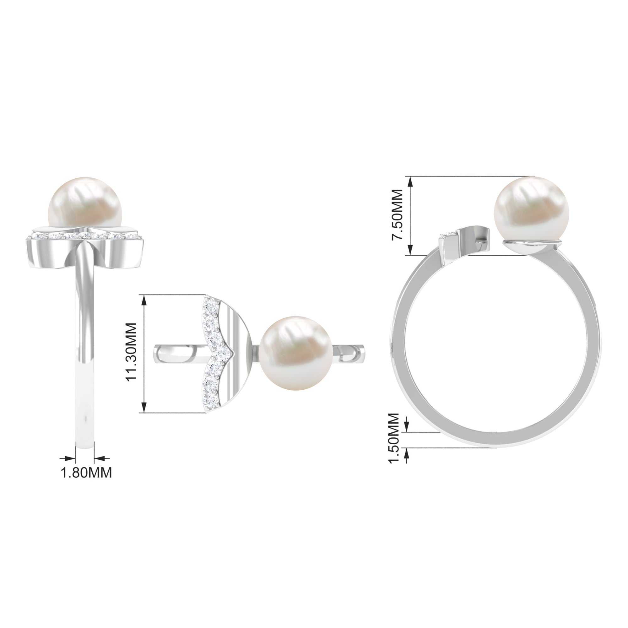 Natural 3 Carat Freshwater Pearl Cuff Ring with Diamond