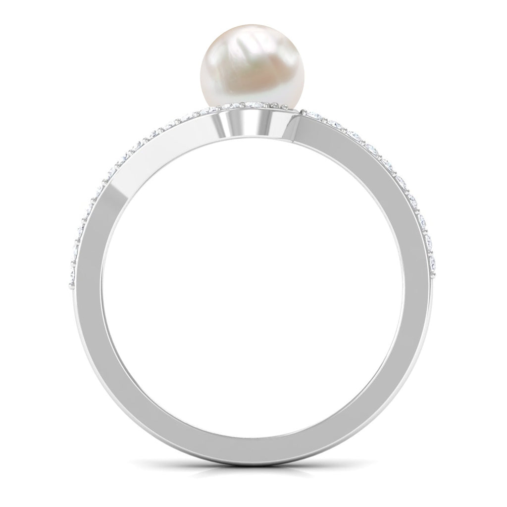 Cultured 2.2 Carat White Pearl Engagement Ring with Diamond Bypass Shank