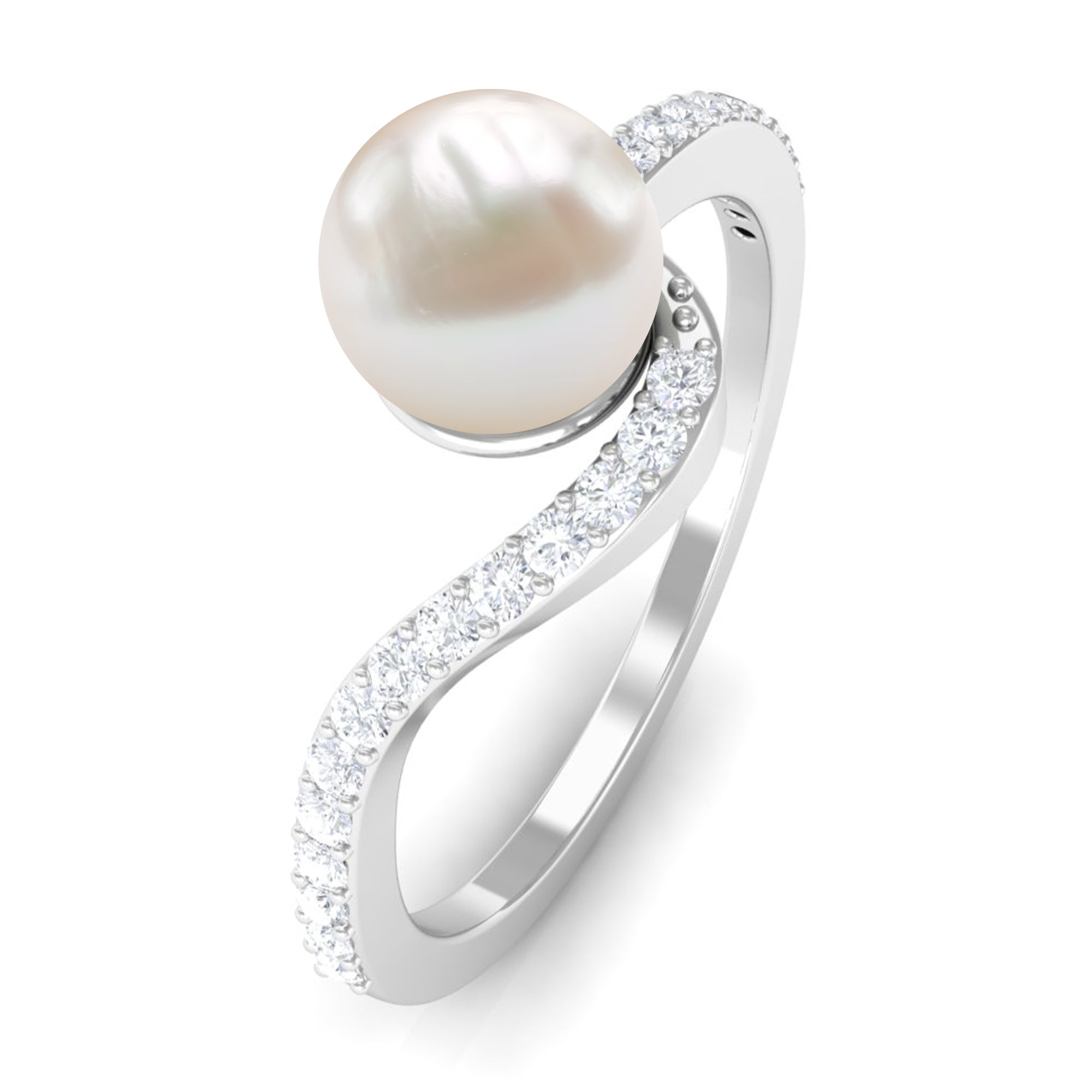 Cultured 2.2 Carat White Pearl Engagement Ring with Diamond Bypass Shank