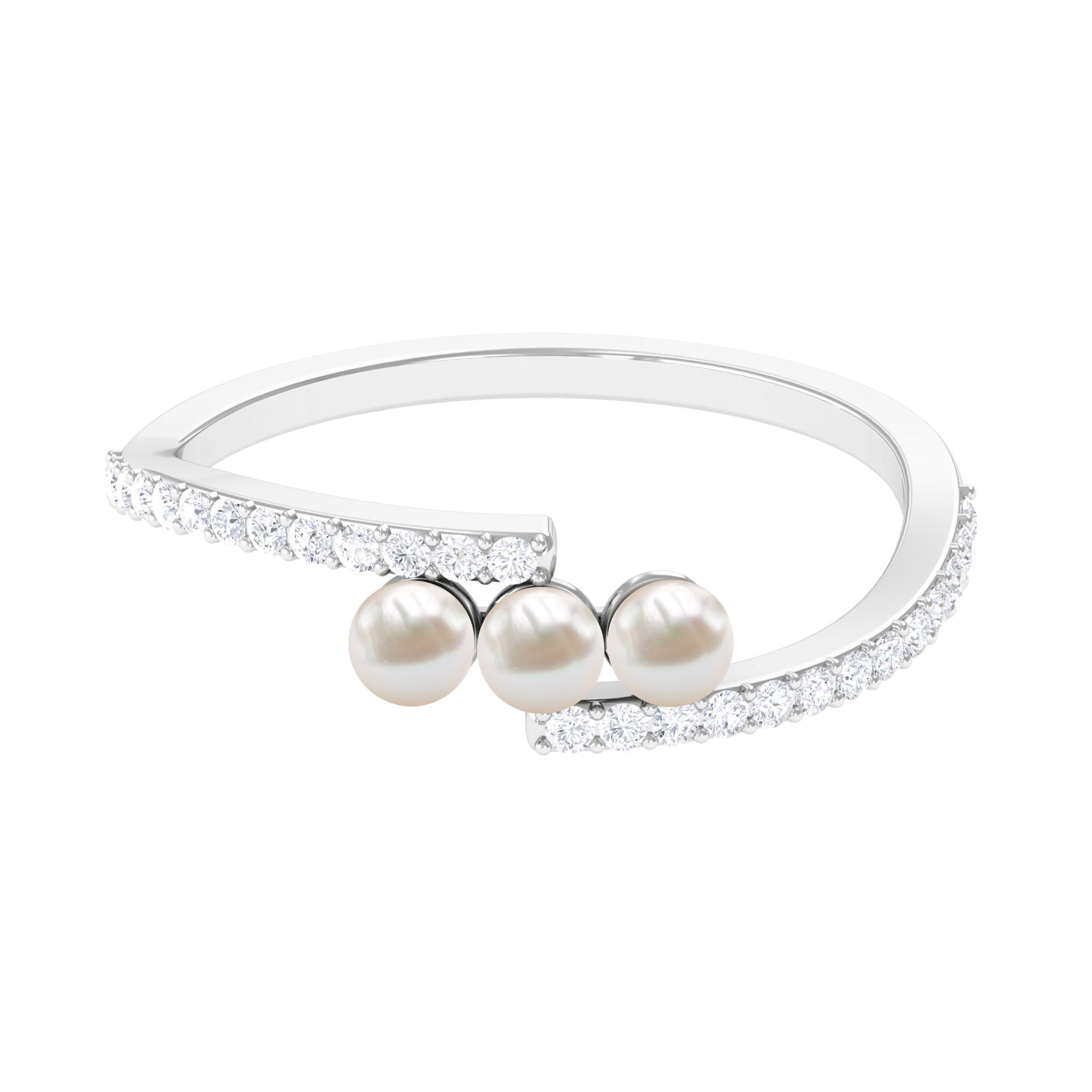 Natural Freshwater Pearl 3 Stone Engagement Ring with Diamond