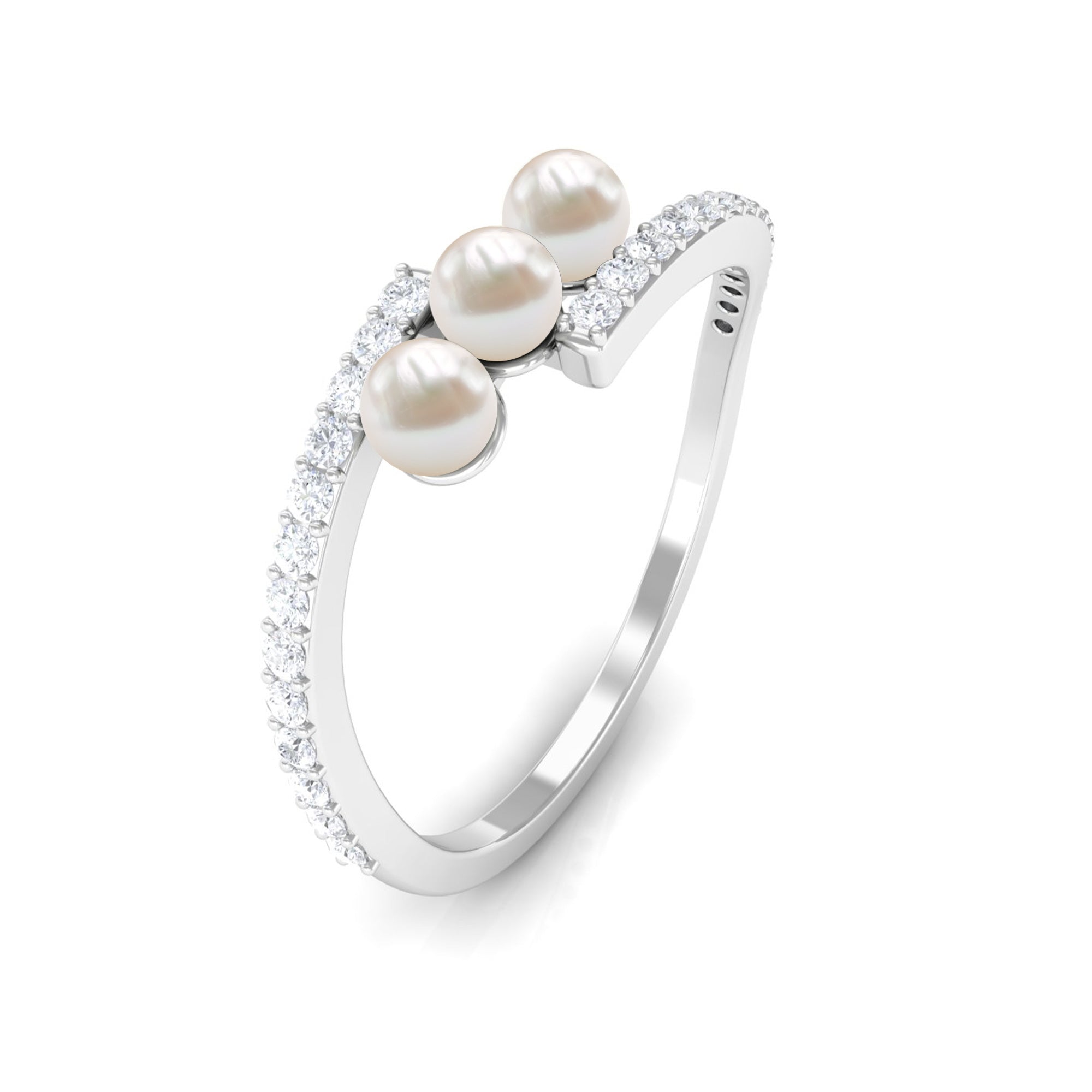 Natural Freshwater Pearl 3 Stone Engagement Ring with Diamond