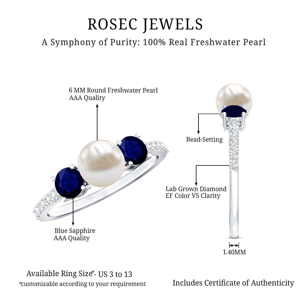 Natural Freshwater Pearl and Blue Sapphire 3 Stone Engagement Ring with Diamond