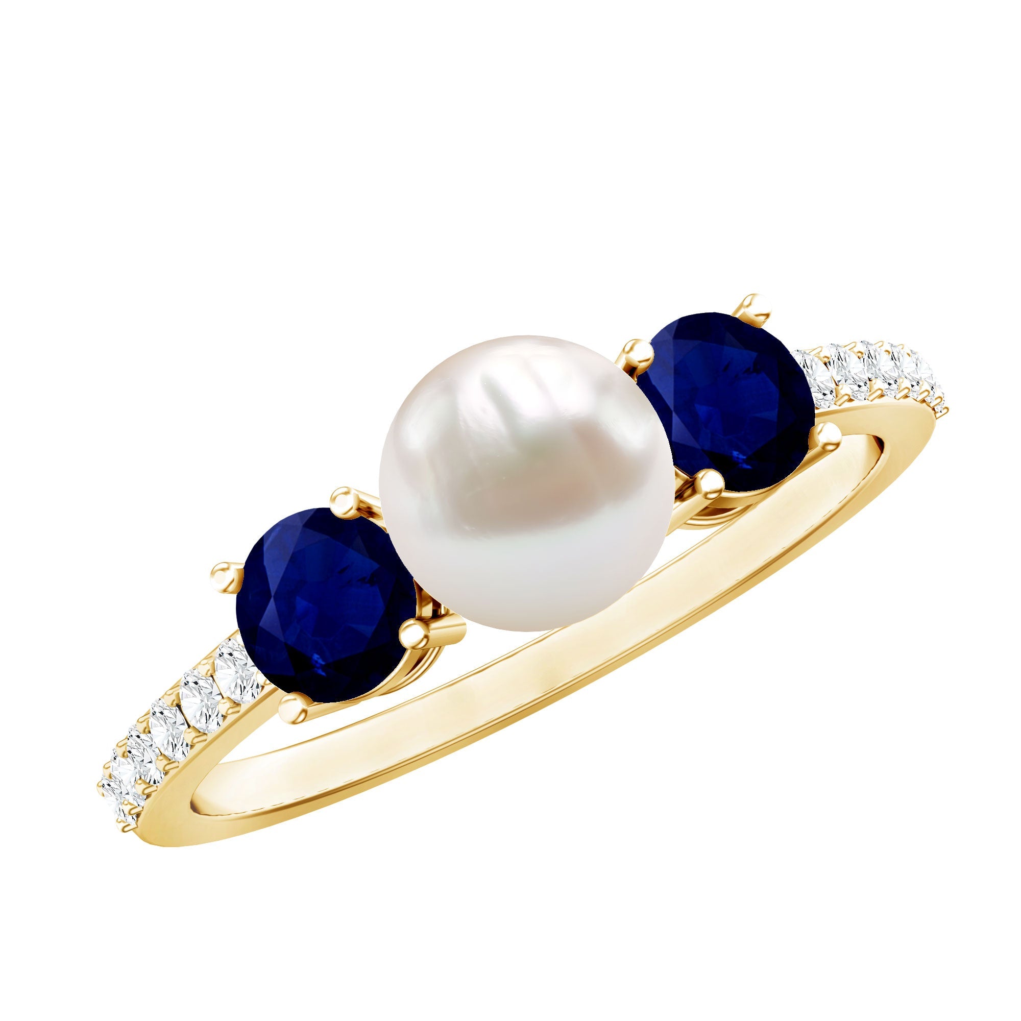 Natural Freshwater Pearl and Blue Sapphire 3 Stone Engagement Ring with Diamond | Rings | Wiccan Center