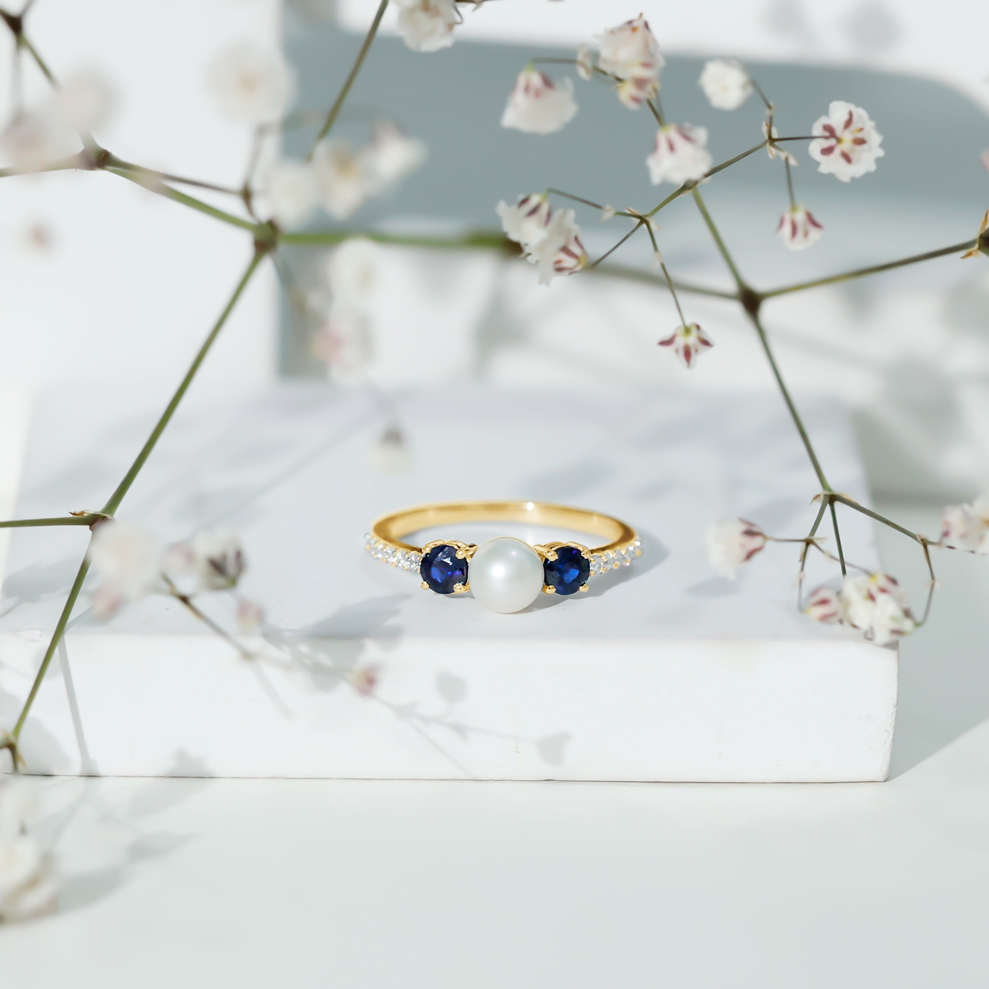 Natural Freshwater Pearl and Blue Sapphire 3 Stone Engagement Ring with Diamond