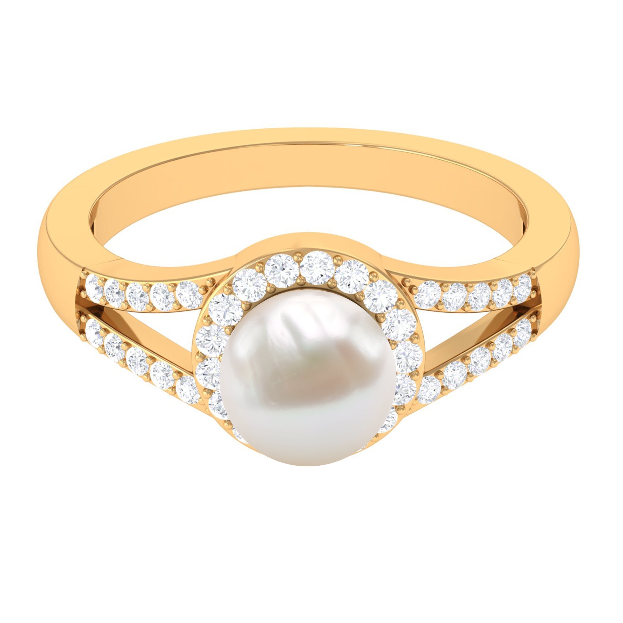 Split Shank Freshwater Pearl Engagement Ring with Diamond Halo | Rings | Wiccan Center