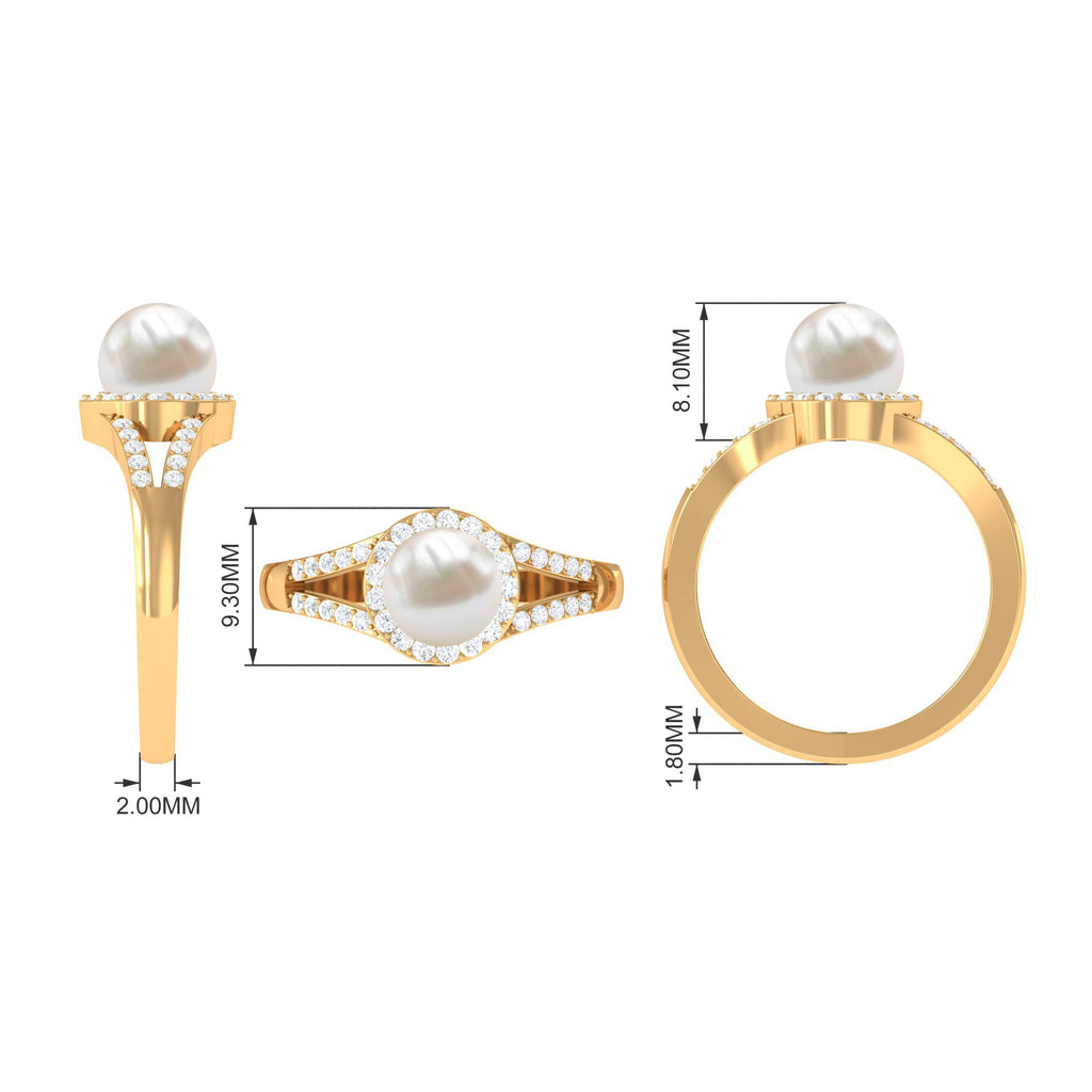 Split Shank Freshwater Pearl Engagement Ring with Diamond Halo