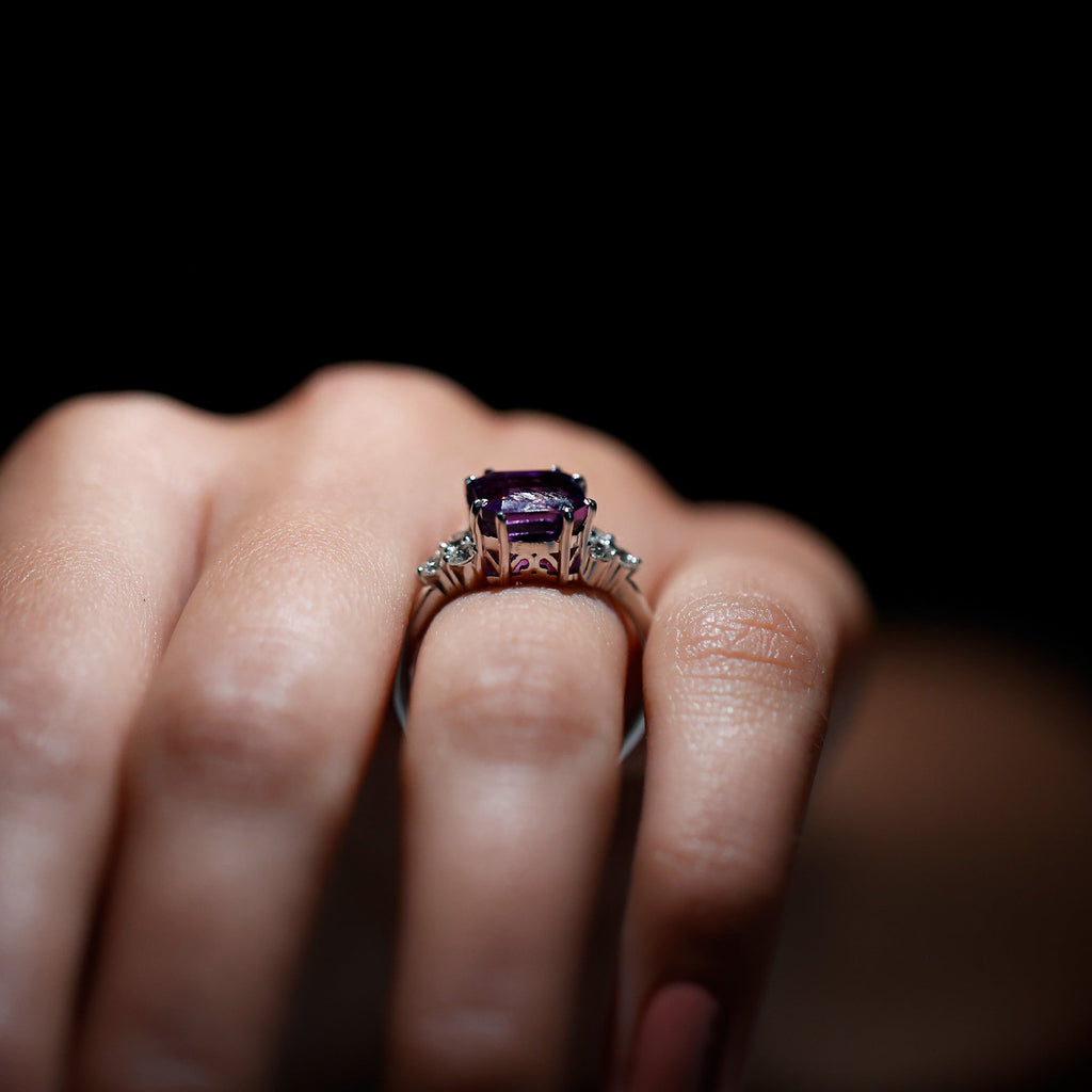 3 Carat Amethyst Asscher Cut Engagement Ring with Diamond Trio