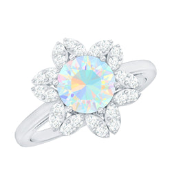 2 Carat Round Shape Ethiopian Opal Floral Engagement Ring with Diamond | Rings | Wiccan Center