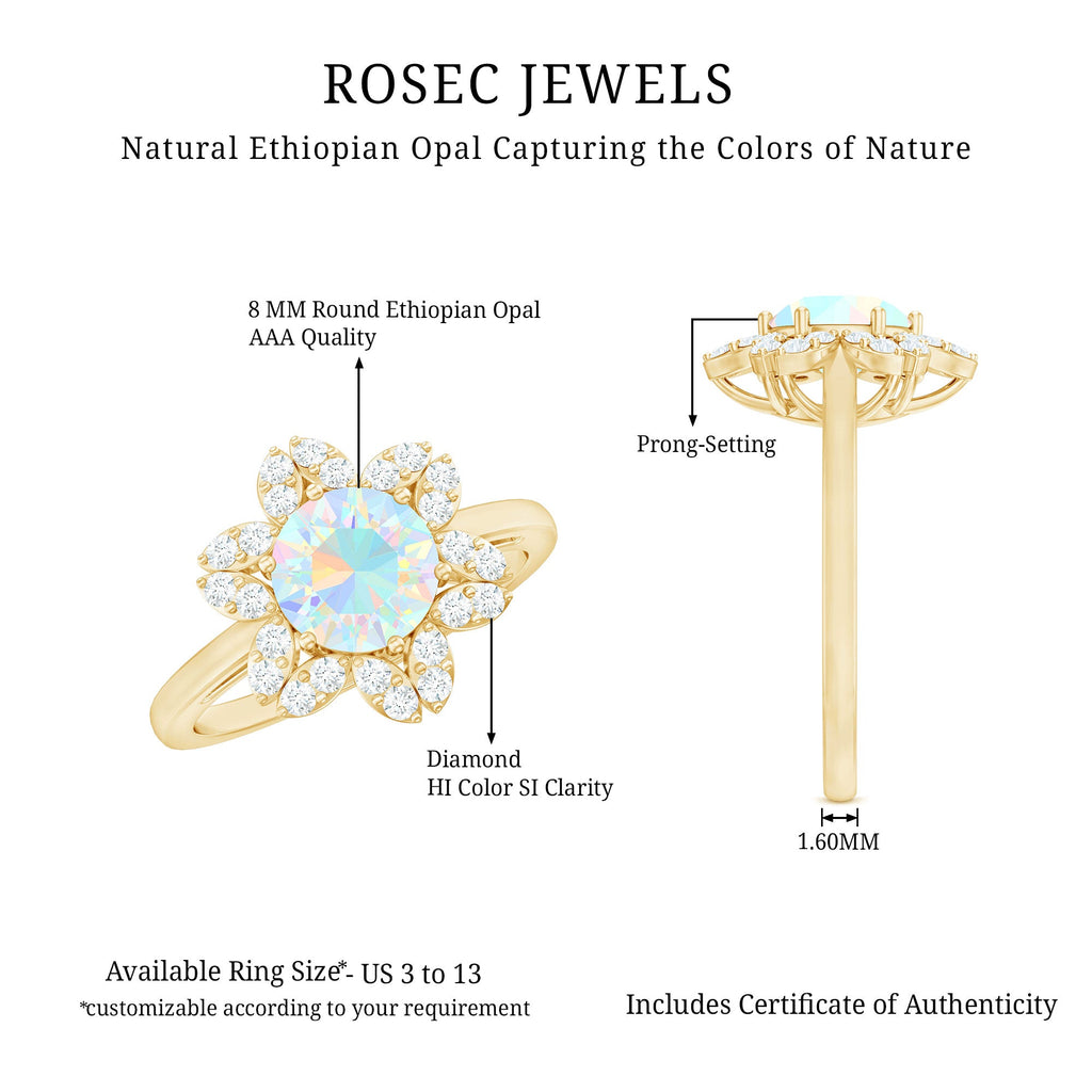 2 Carat Round Shape Ethiopian Opal Floral Engagement Ring with Diamond