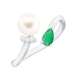 Cultured Freshwater Pearl and Emerald Toi Et Moi Promise Ring | Rings | Wiccan Center