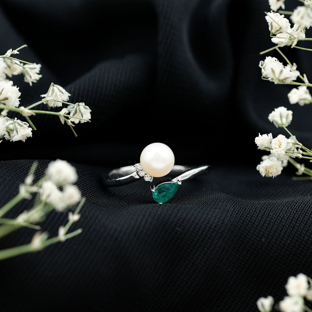 Cultured Freshwater Pearl and Emerald Toi Et Moi Promise Ring